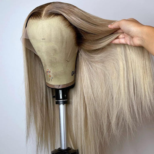 200% Density Ash Blonde Straight Lace Front Wigs for Black Women Pre Plucked Ash Blonde Wig Human Hair 13x4 Transparent Lace Front Wigs Human Hair Dark Brown Roots Platinum HD Lace Frontal Wig 24 Inch