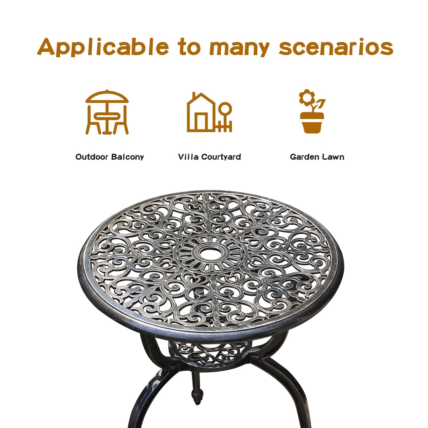 JARDIN DE CENTENNIAL Patio Bistro Set.Rust-Resistant Cast Aluminum Bistro Table Set with Umbrella Hole for Backyard (Crown Copper)