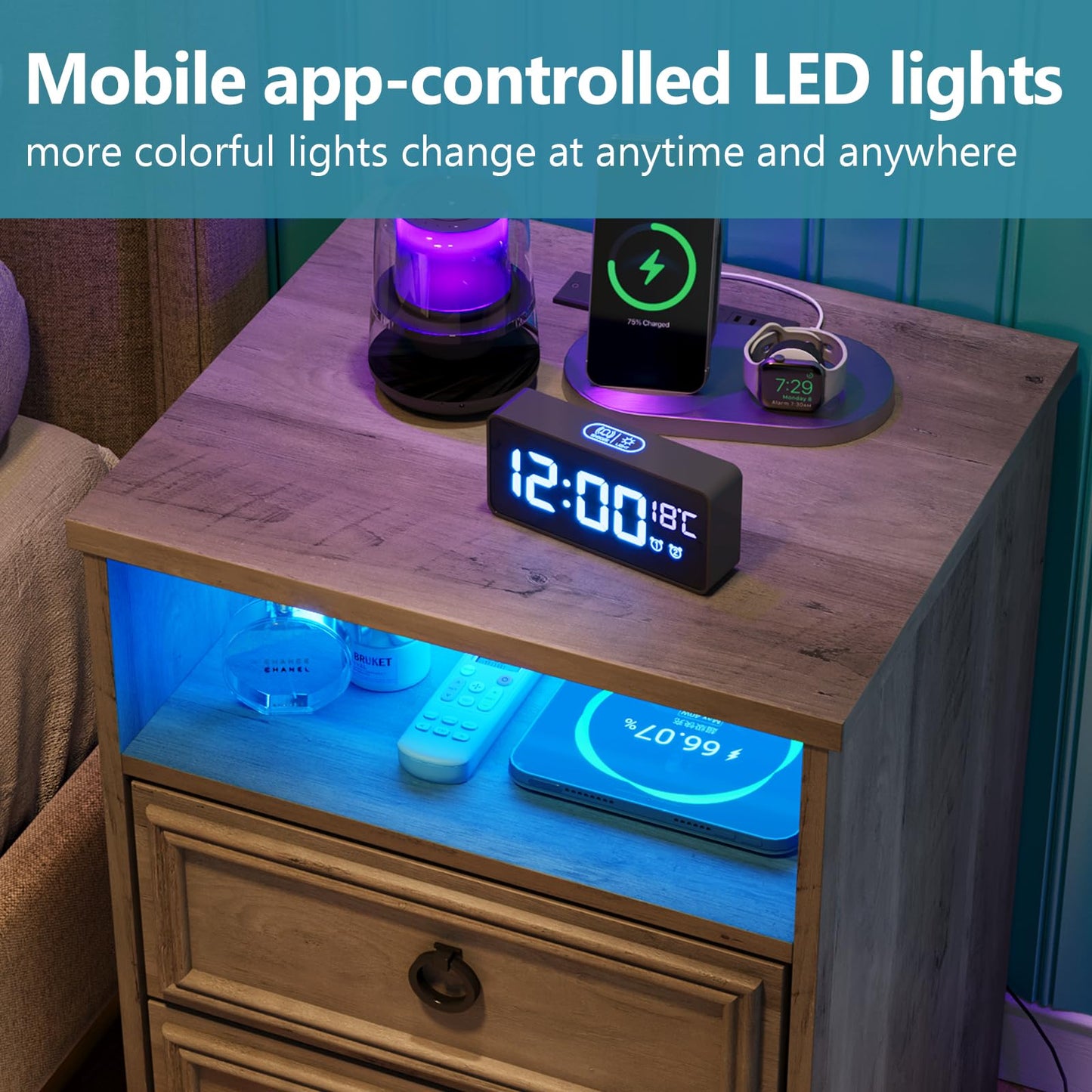 LGHM Nightstand with Strip Lights,USB Outlets Set of 2, Night Stand with Drawers, Accent Bed Side Table and End Table with Open Storage for Bedroom, Living Room,Gray