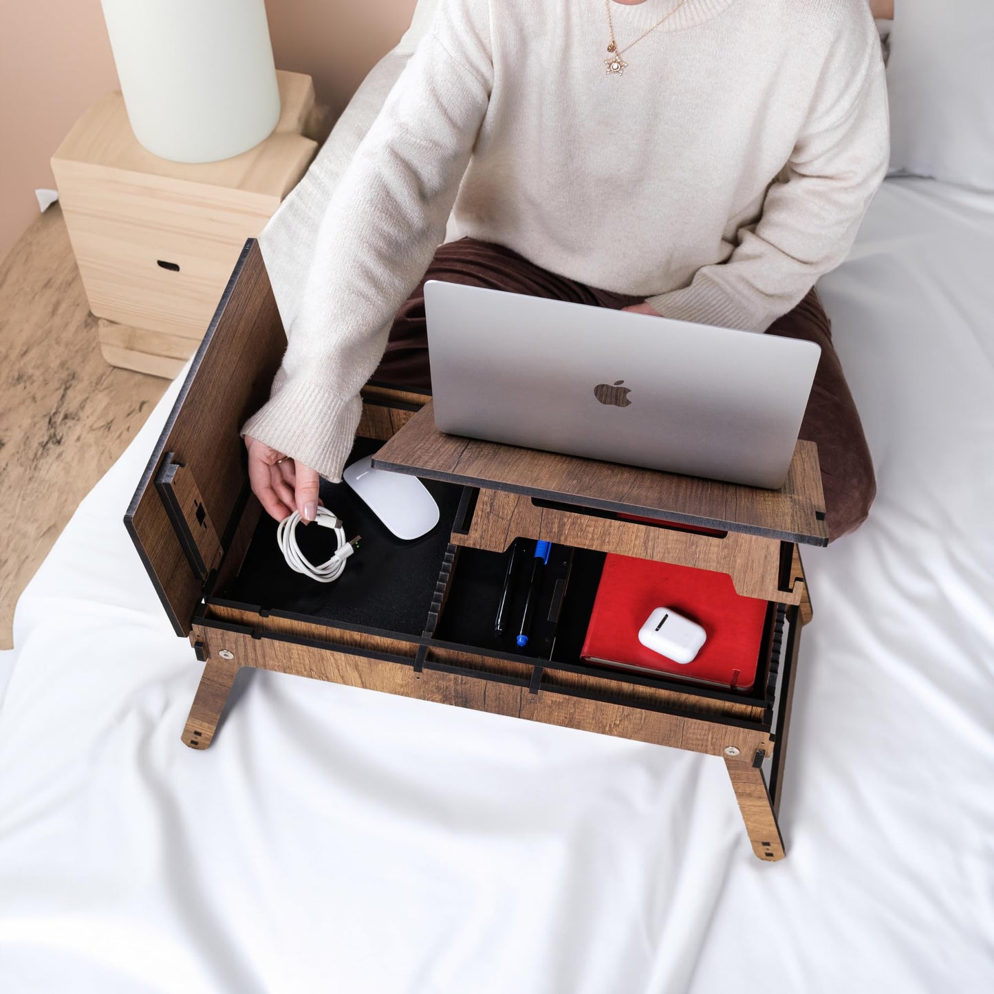 Vigo Wood Laptop Stand for Bed, Adjustable Laptop Lap Desk and Lap Tray with Built-in Storage, Foldable and Ergonomic Design for Reading, Writing, and Working (Walnut)