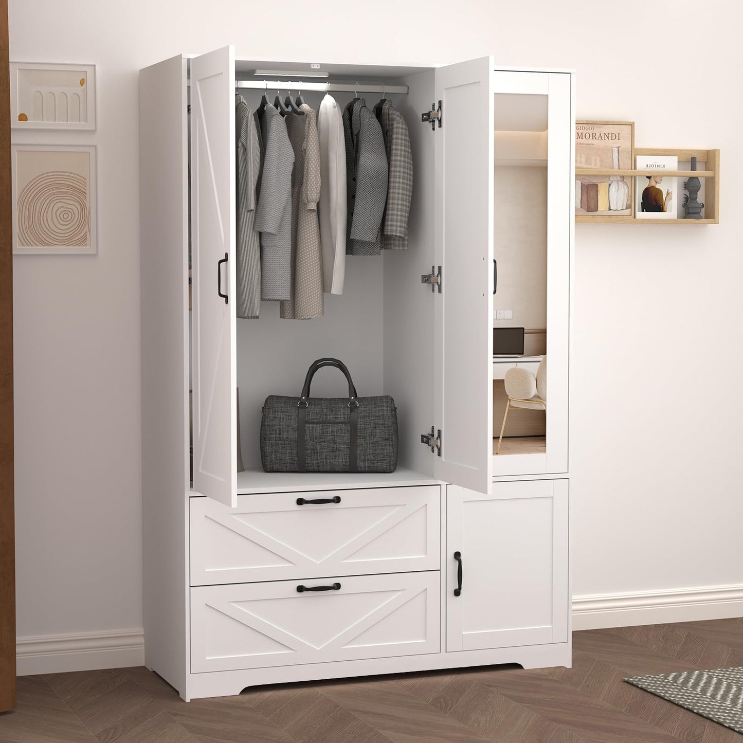 CORAZAZA Armoire Wardrobe Closet with Mirror Door,3 Doors Farmhouse Bedroom Armoire with Drawers and Adjustable Shelves,Wooden Armoire Wardrobe Closet with Hanging Rod for Bedroom(White)