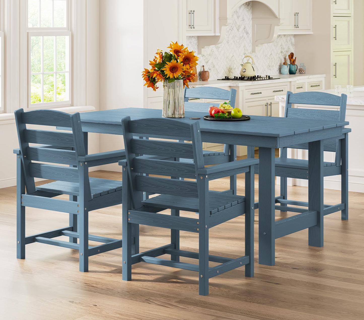 SERWALL Kitchen Table Set for 4，67" Extended Large Dining Table with 2 Benches, Blue