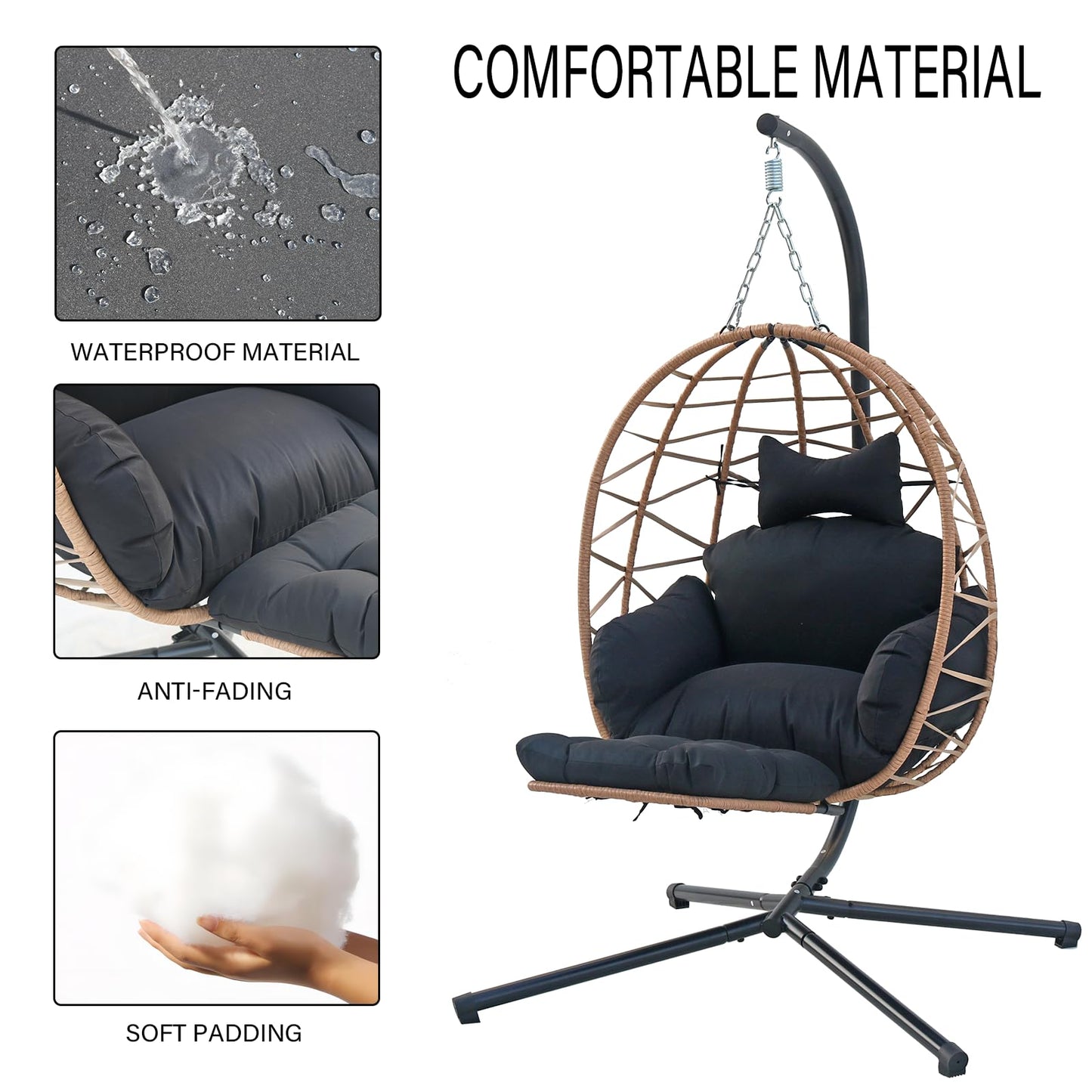 Hanging Egg Chair with Stand & Leg Rest,Rattan Wicker Swing Chair with Cushion, Patio Basket Hanging Chair Wicker Hammock Chair for Indoor Outdoor Bedroom Garden,300LBS (Yellow Rattan&Black Cushion)