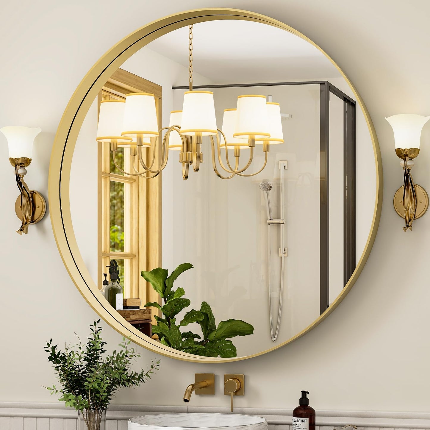 Easly 30 Inch Round Bathroom Mirror - Wall Mounted Circle Mirror with Metal Frame, Modern Mirror Suitable for Bathroom, Vanity, Entryway, Living Room, Wall Decor,Gold