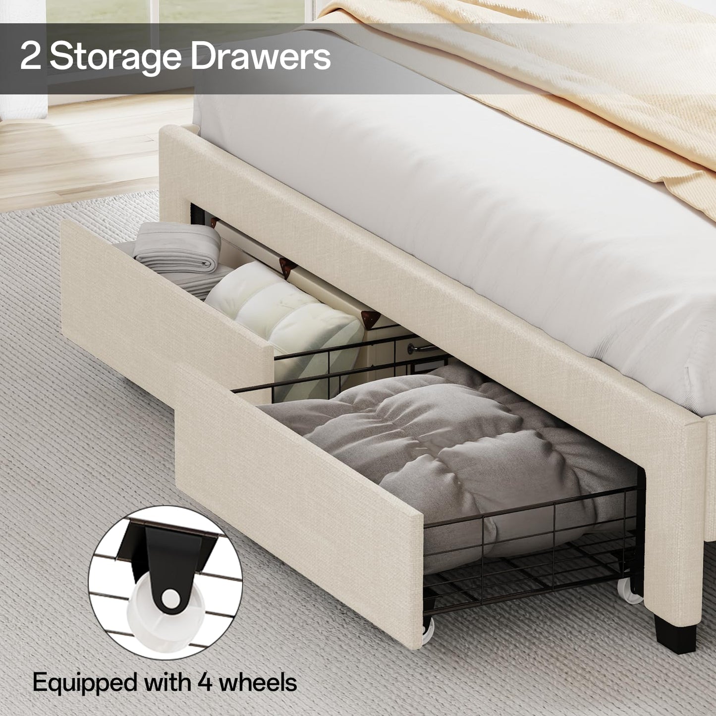 VINTLJUS Queen Size Bed Frame with Storage Headboard, Queen Bed Frame with 2 Drawers, Upholstered Platform Bed with Charging Station and LED Lights, Easy Assembly, Beige