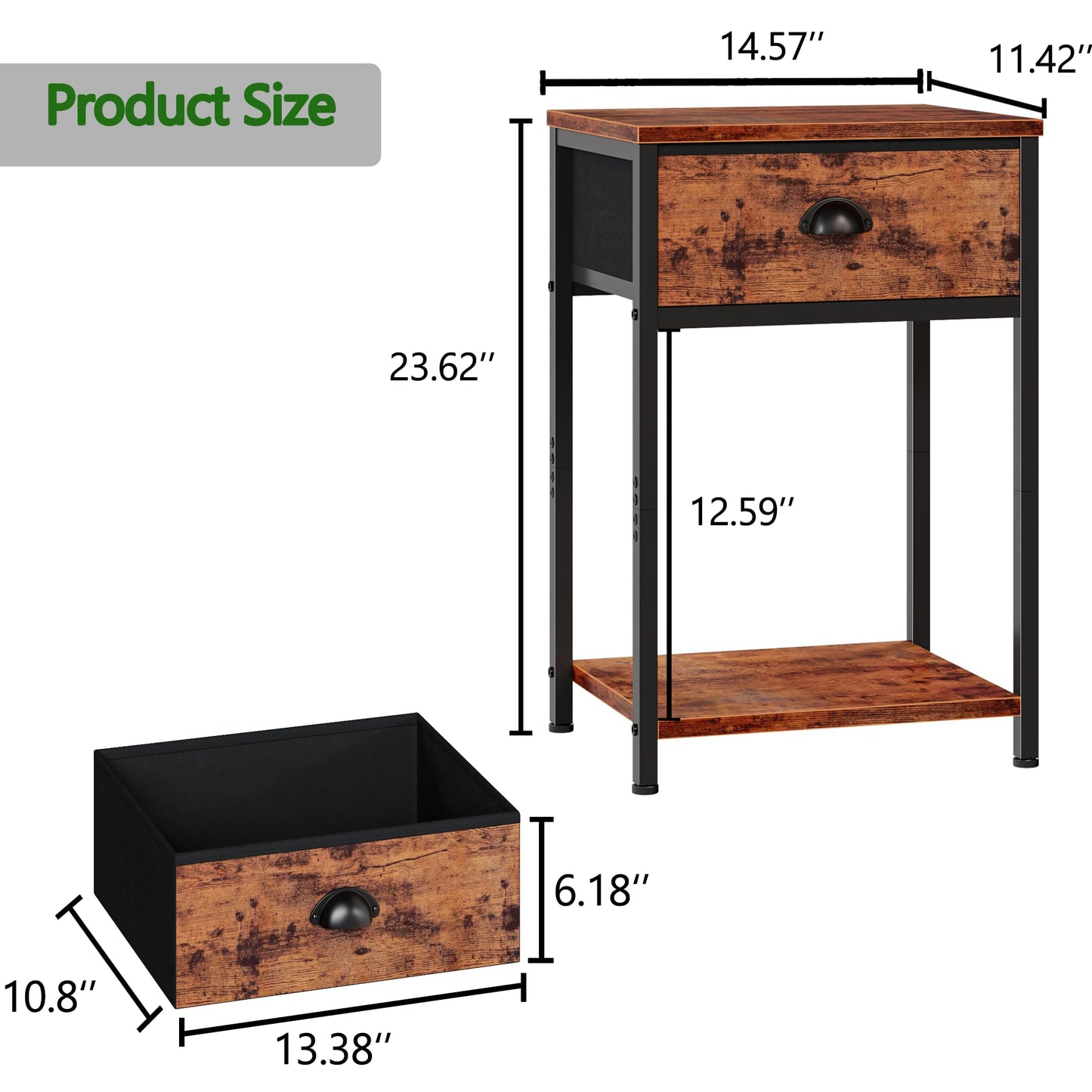 Furologee Nightstands Set of 2, Industrial End Table with Fabric Drawer and Storage Shelf, Retro Bedside Tables Organizer, Side Table for Living Room Bedroom, Rustic Brown