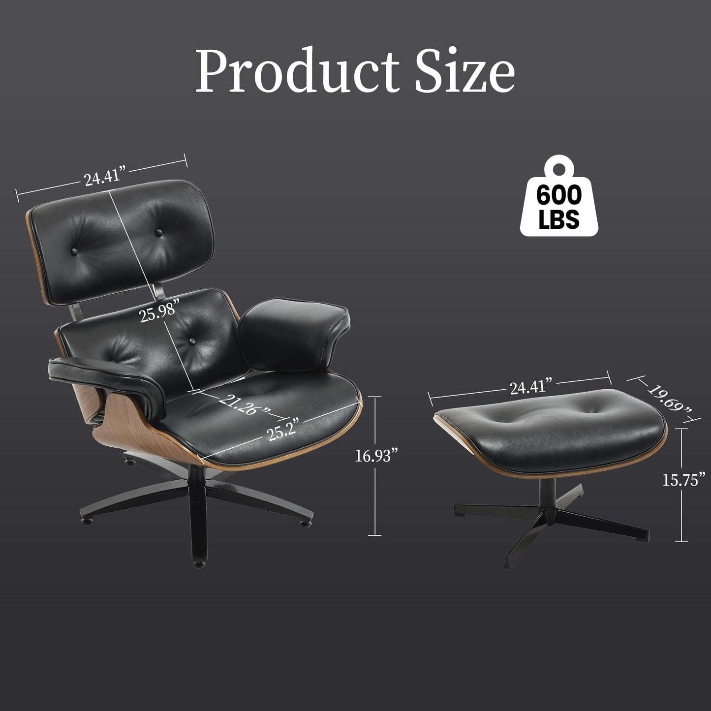 KEEZY Mid-Century Modern Lounge Chair and Ottoman Set, Classic PU Leather Upholstery, Walnut Wood Trim, 360° Swivel, Ergonomic Tilt Function, Perfect for Living Rooms, Home Offices (Black)