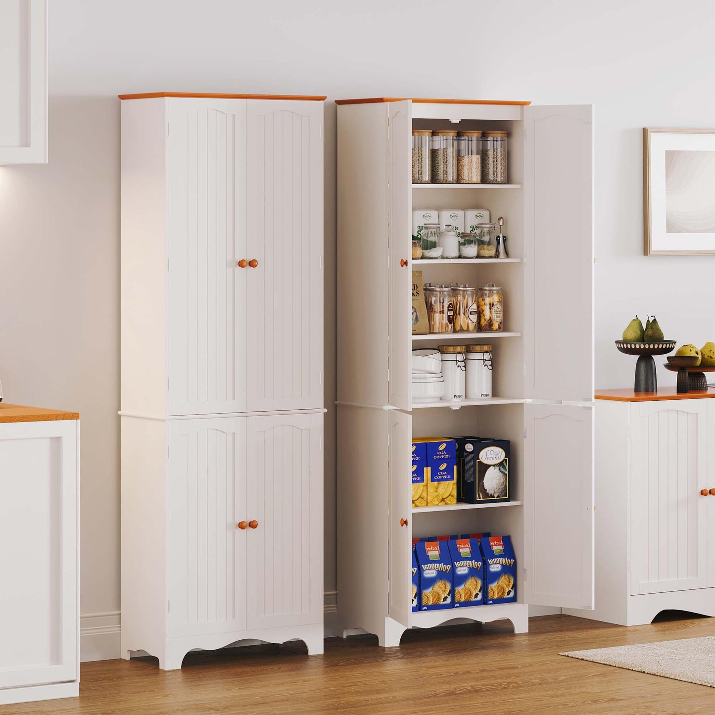 Function Home 72" Kitchen Pantry Cabinet, Freestanding Storage Cabinets, Tall Food Pantry with Doors and Adjustable Shelves, Utility Floor Cabinet for Kitchen Dining Room Living Room, White