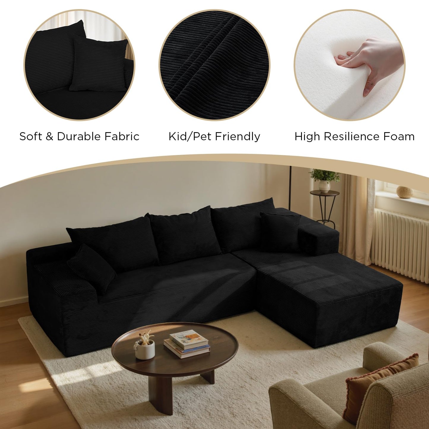 Black Cloud Couch Sectional Sofa in Box with L-Shape Chaise,Modern Modular Couches Upholstered with Deep Seat for Living Room,No Assembly Required