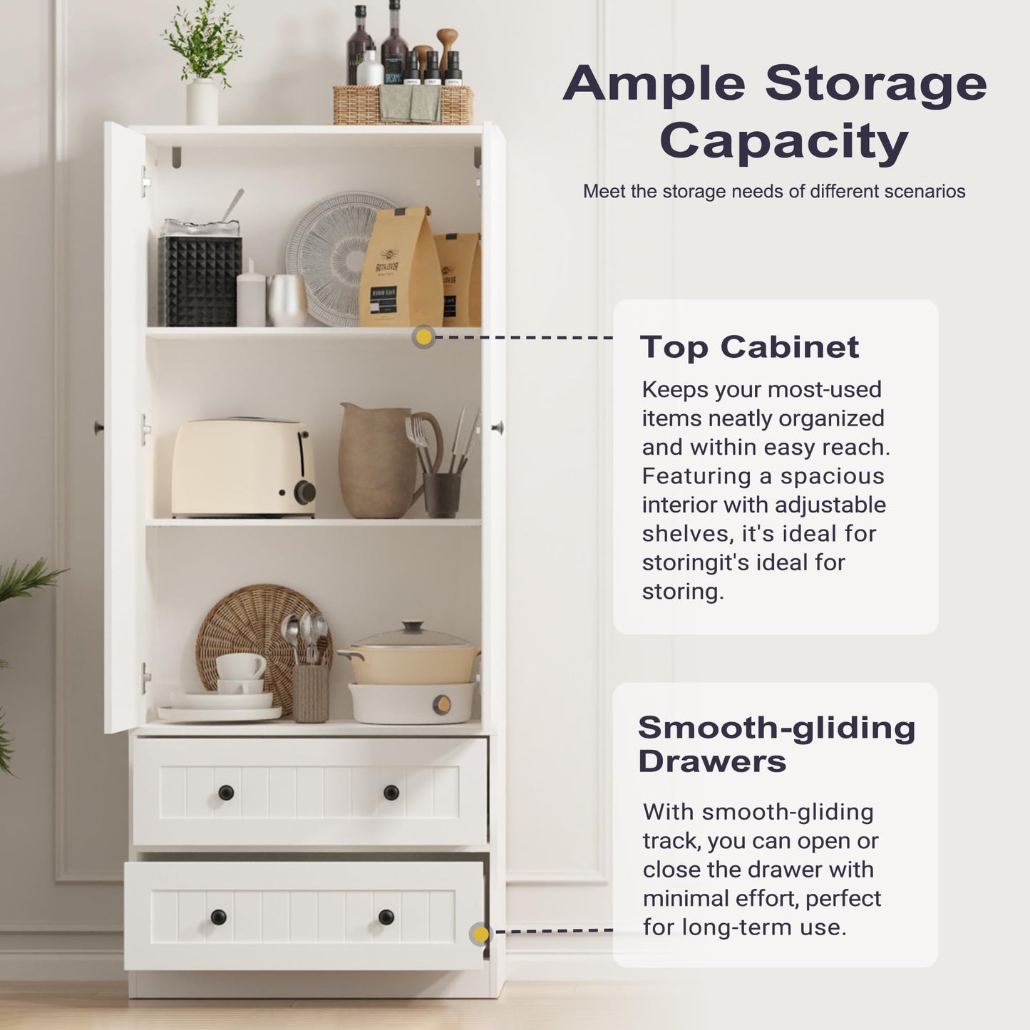 Furnify 65" H Storage Cabinet with 2 Drawers, Farmhouse Kitchen Pantry Cabinet with 2 Doors & Adjustable Shelf, Handbag Storage Organizer for Living Room, Bathroom, Kitchen, White