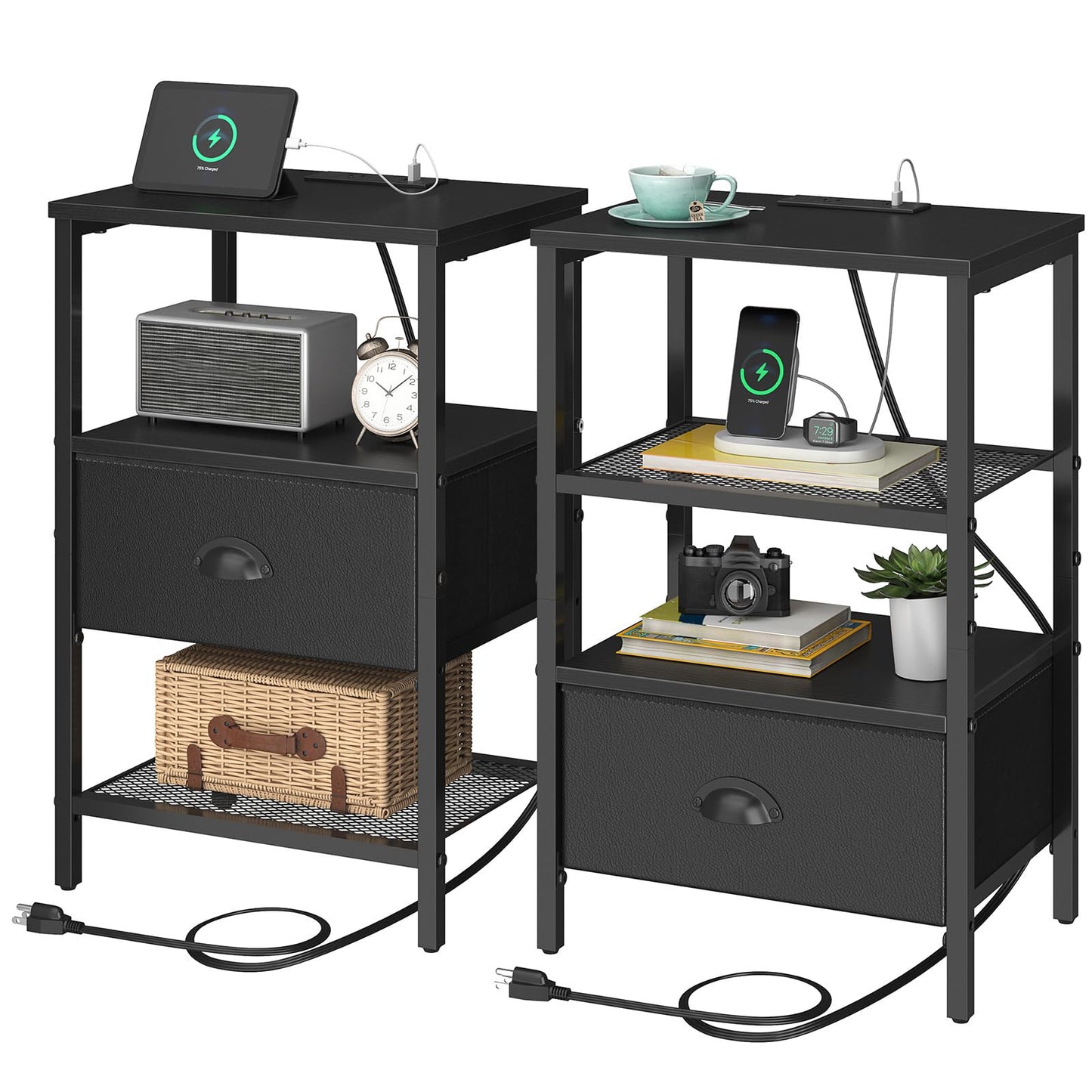 sthmec Nightstands Set of 2, Black Night Stands with Charging Station, Bedside Tables with Fabric Drawers PU Finish, 2-Tier Side Table with Open Shelf, Nightstands with Drawer,Black