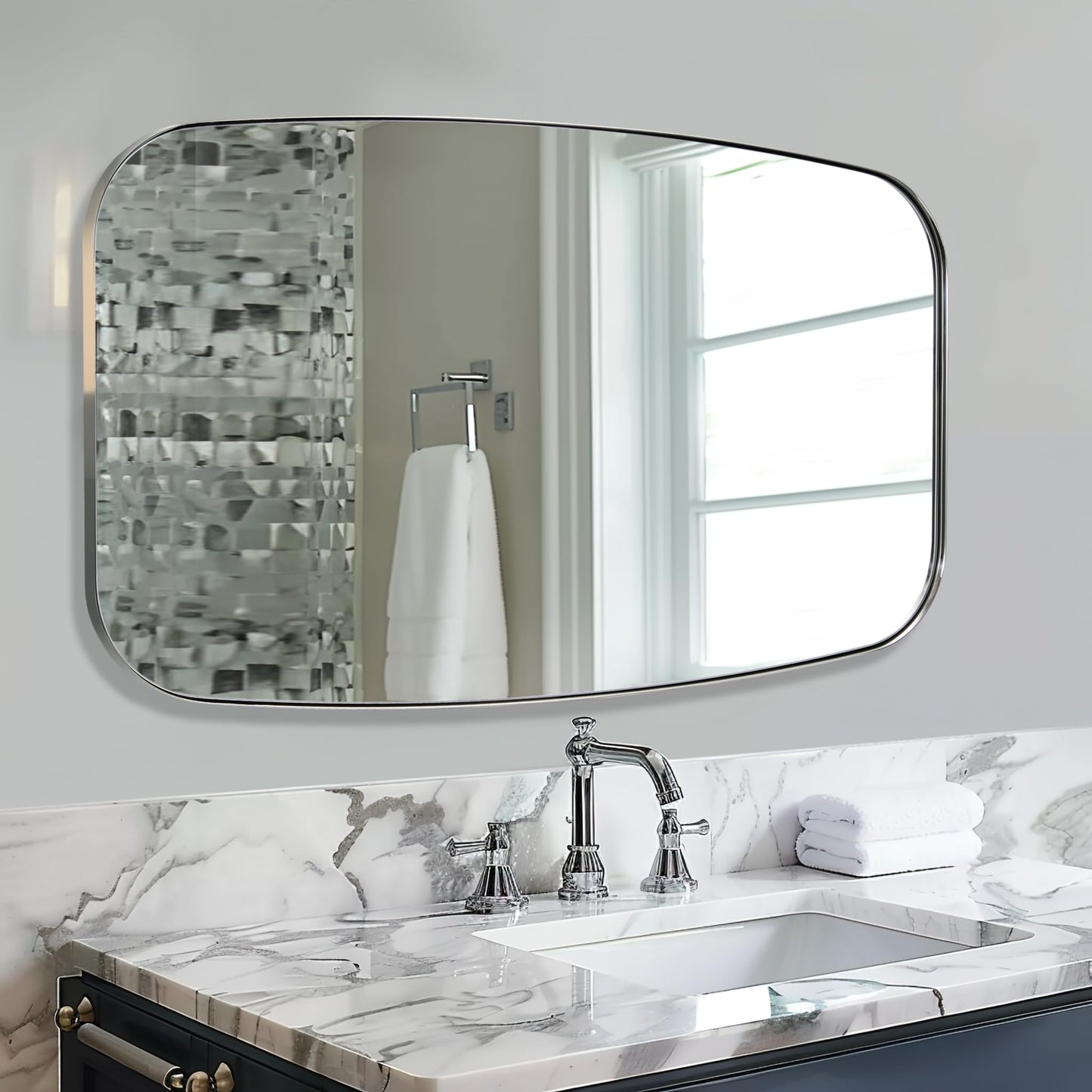 ANDY STAR Chrome Bathroom Mirror, 30x48 Inch Polished Chrome Oval Mirror for Bathroom with Stainless Steel Metal Frame, Oblong Mirror for Bathroom, Living Room, Entryway