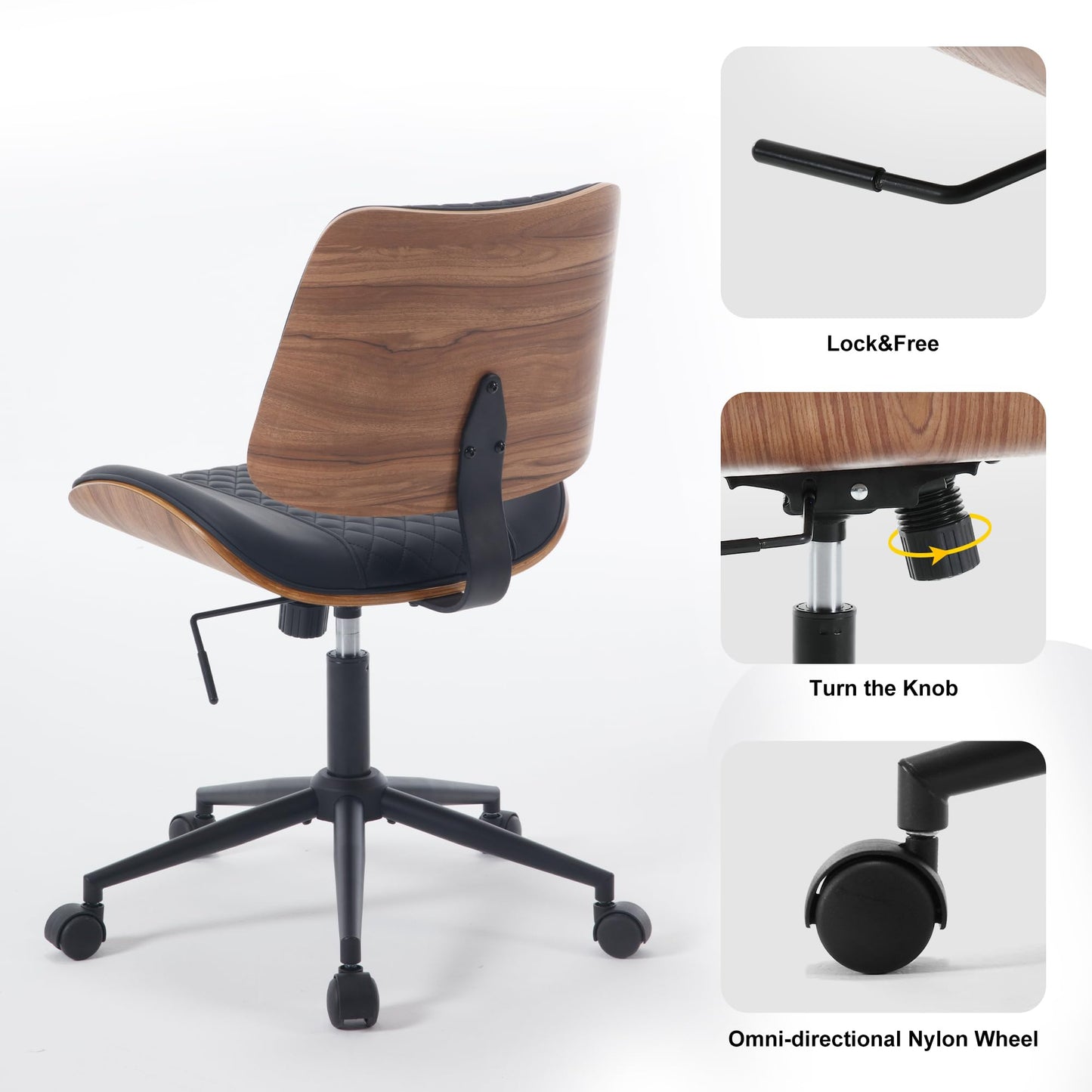 BV Small Desk Chair, Mid Century Office Chair with Bentwood Back, Armless Task Swivel Chair with Wheels, Mid Back No Arms, Faux Leather Office Chairs for Small Space, Black
