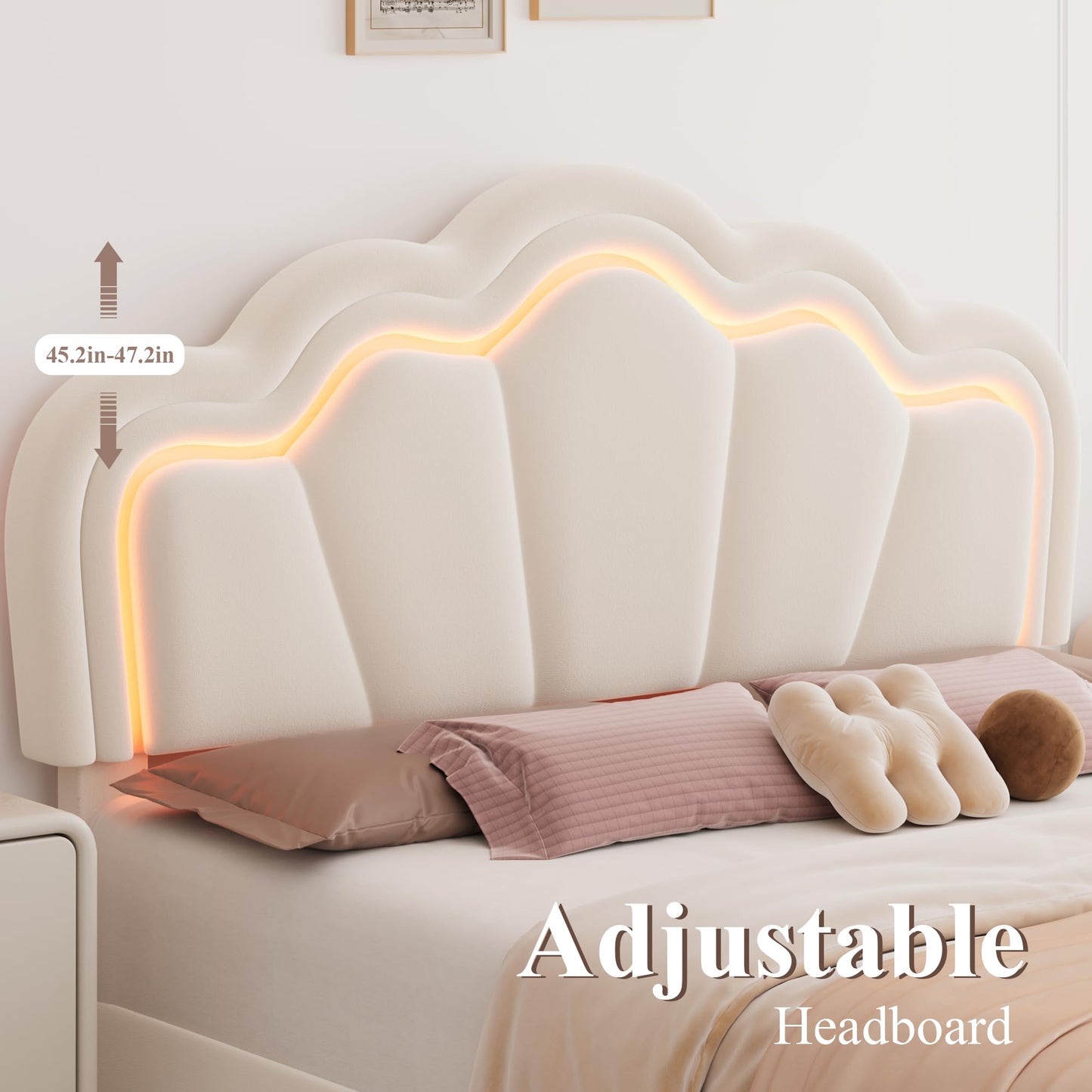 HOSTACK Queen Upholstered LED Bed Frame with Storage Drawers, Cute Girls Bed with Adjustable Lotus Headboard, Velvet Princess Platform Bed Frame, Wooden Slats Support, No Box Spring Needed, Cream