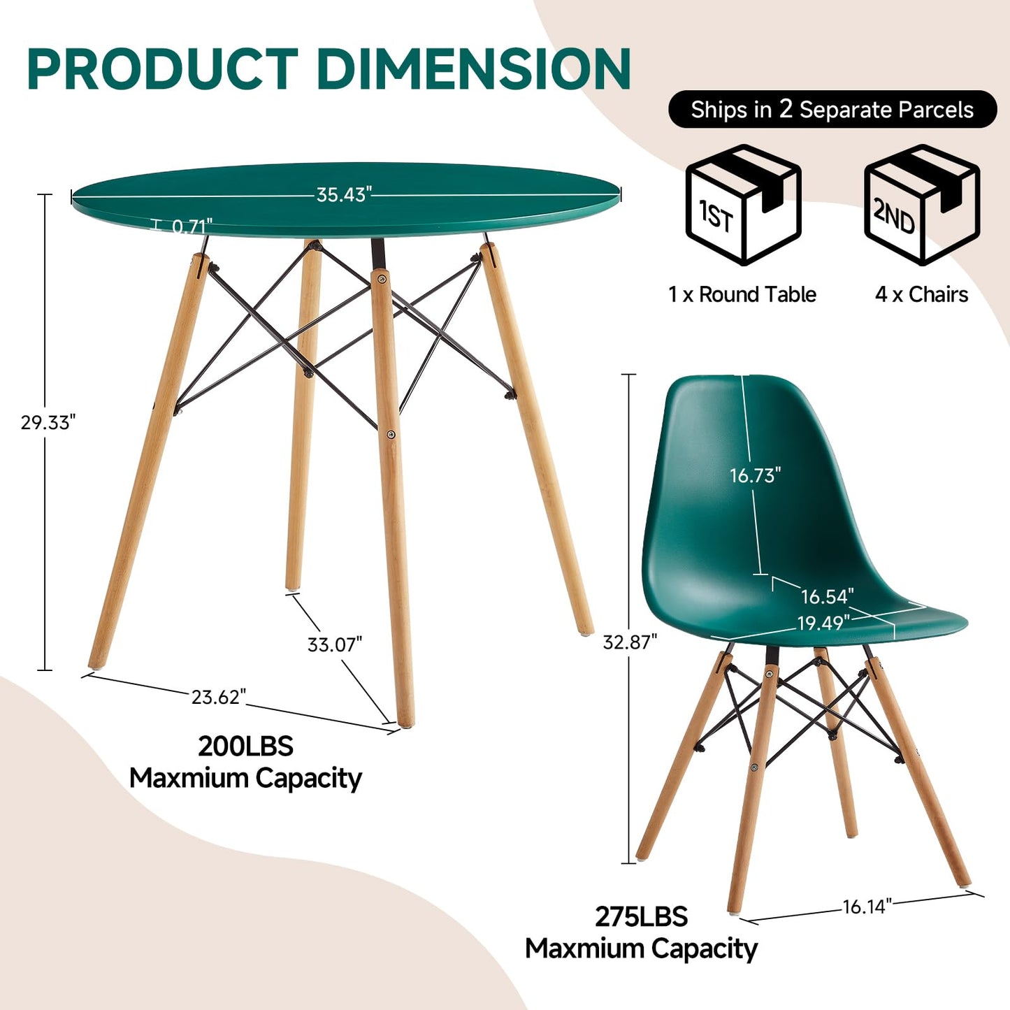 Yuqunfur Round Dining Table Set for 4 35.5" Wood Dinner Table Circle Dining Table Kitchen Table Chairs Set of 4 with Wood Strip Base for Kitchen Living Room Space Saving Apartment(Green)