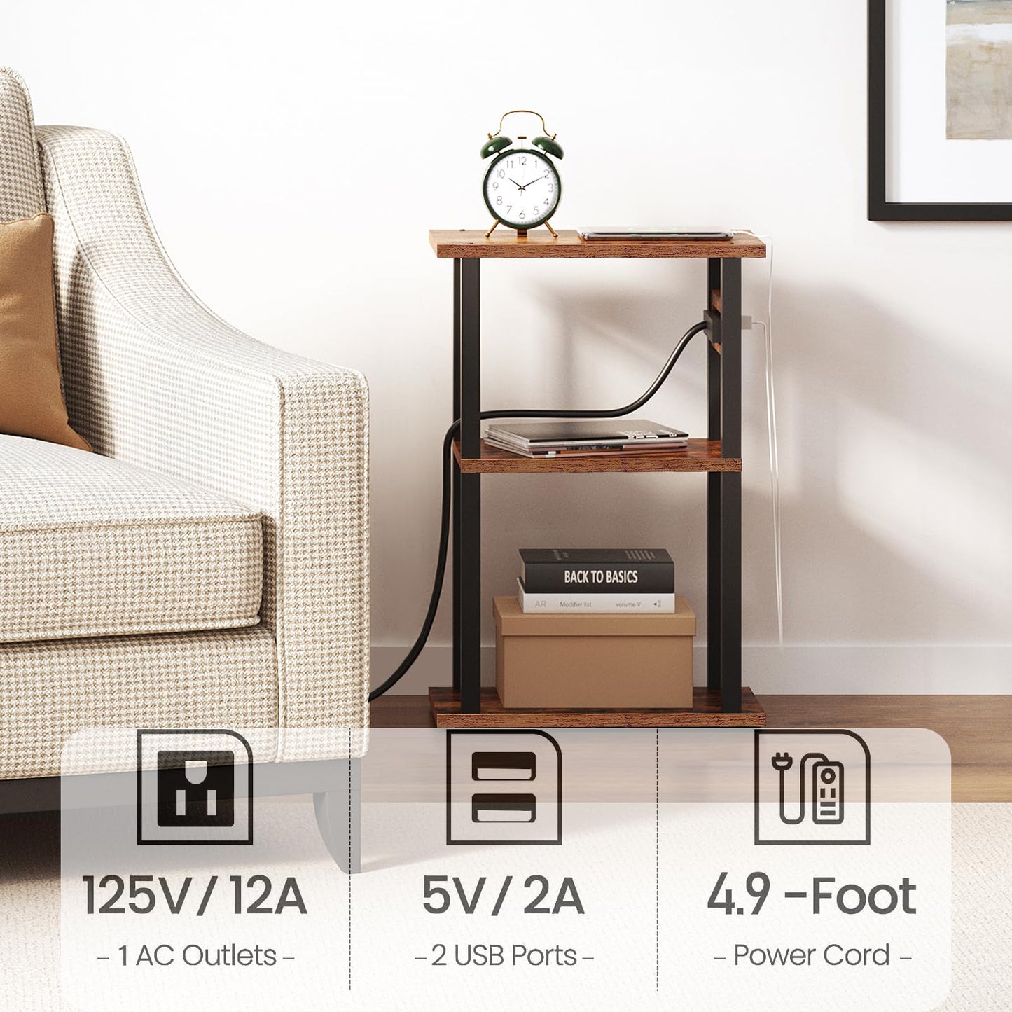 TUTOTAK Small Narrow Side Table with Charging Station, Set of 2 Skinny End Table for Small Spaces, Slim Nightstand with USB Ports and Outlet,Sofa Beside Table with Wheels, Brown TB01BB047