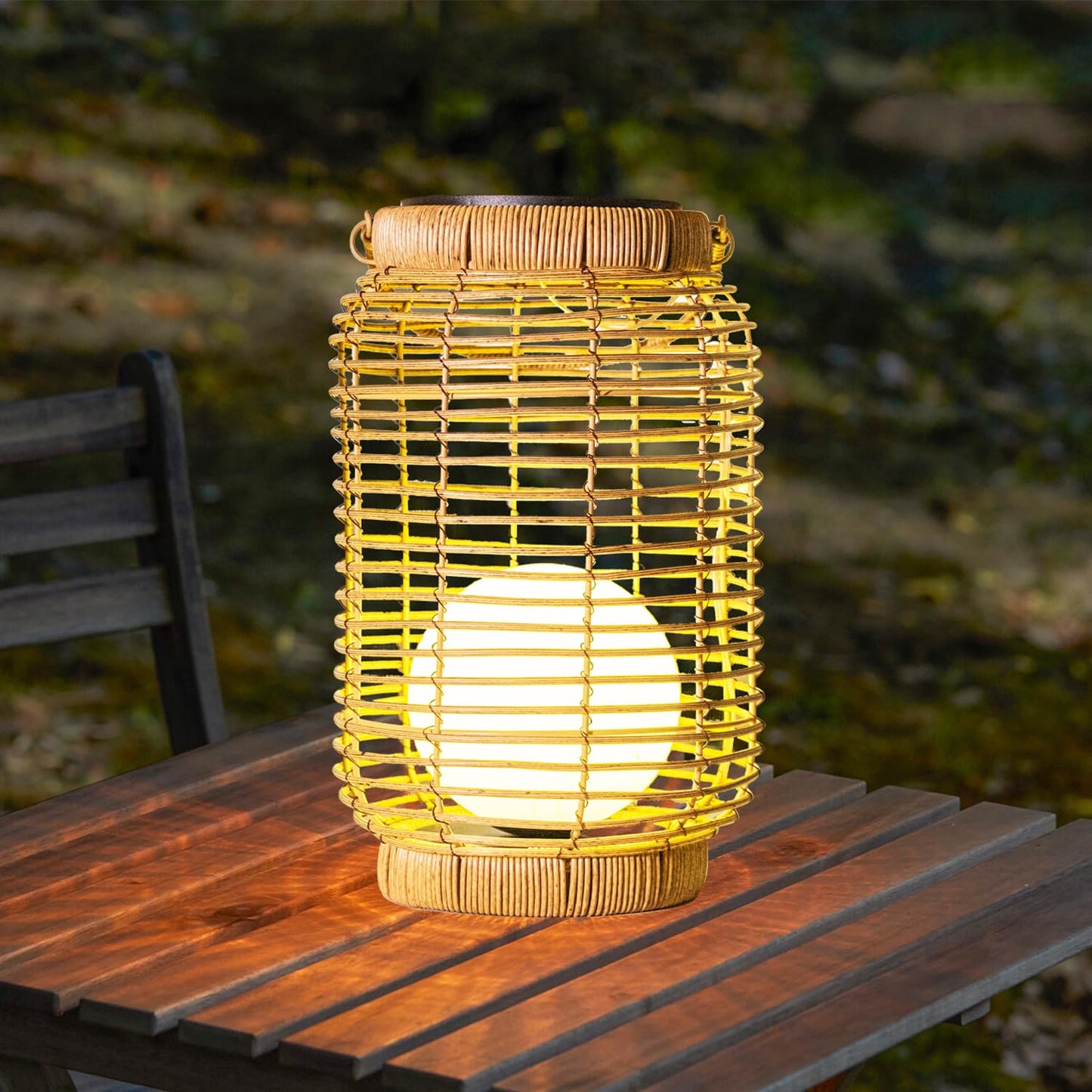 Louxiar Solar Lantern Outdoor Waterproof, Large Hanging Solar Lights Natural Woven Rattan, 12" H Solar Powered Decorative Lantern with Handle for Gardens Patios Pathways Outside Tabletop Decor