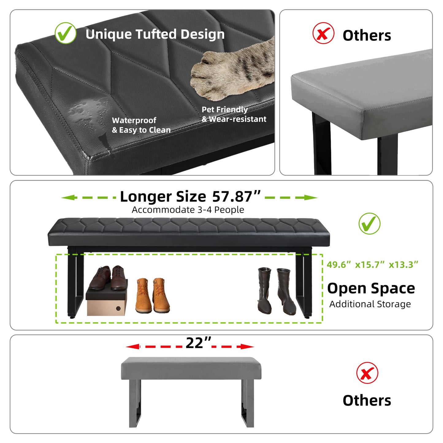 STHOUYN 58” Padded Dining Table Bench Pair of 2 for 6-8 Person, Faux Leather Indoor Cushioned Extra Long Bench for Dining Room Table, Bedside Shoe Entryway Benches (Black, 58")