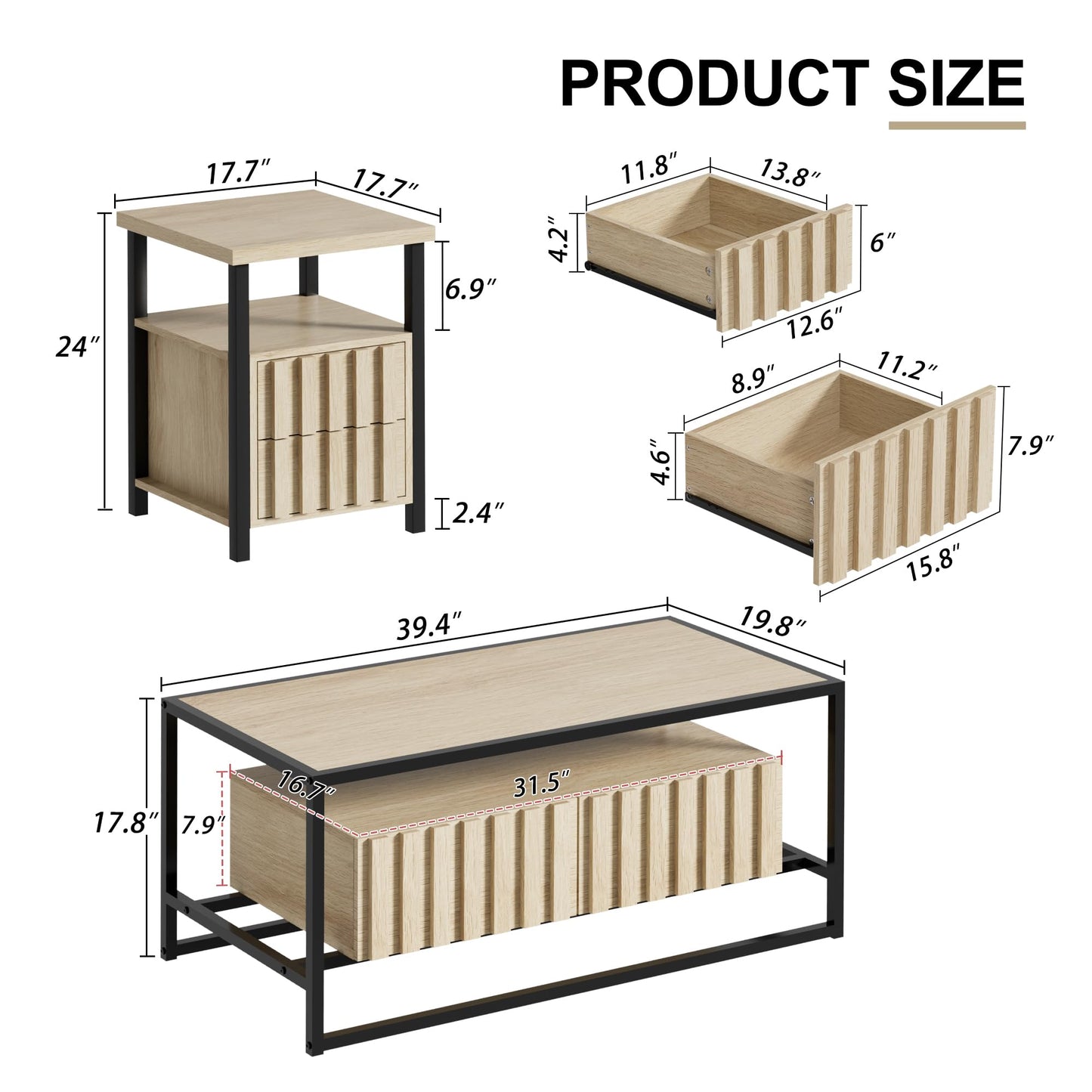 UEV Coffee Table Set of 3,Living Room Table Set,Mid Century Coffee Table,End Side Tables Set of 2 with 2 Drawer for Living Room & Bedroom,Ivory White