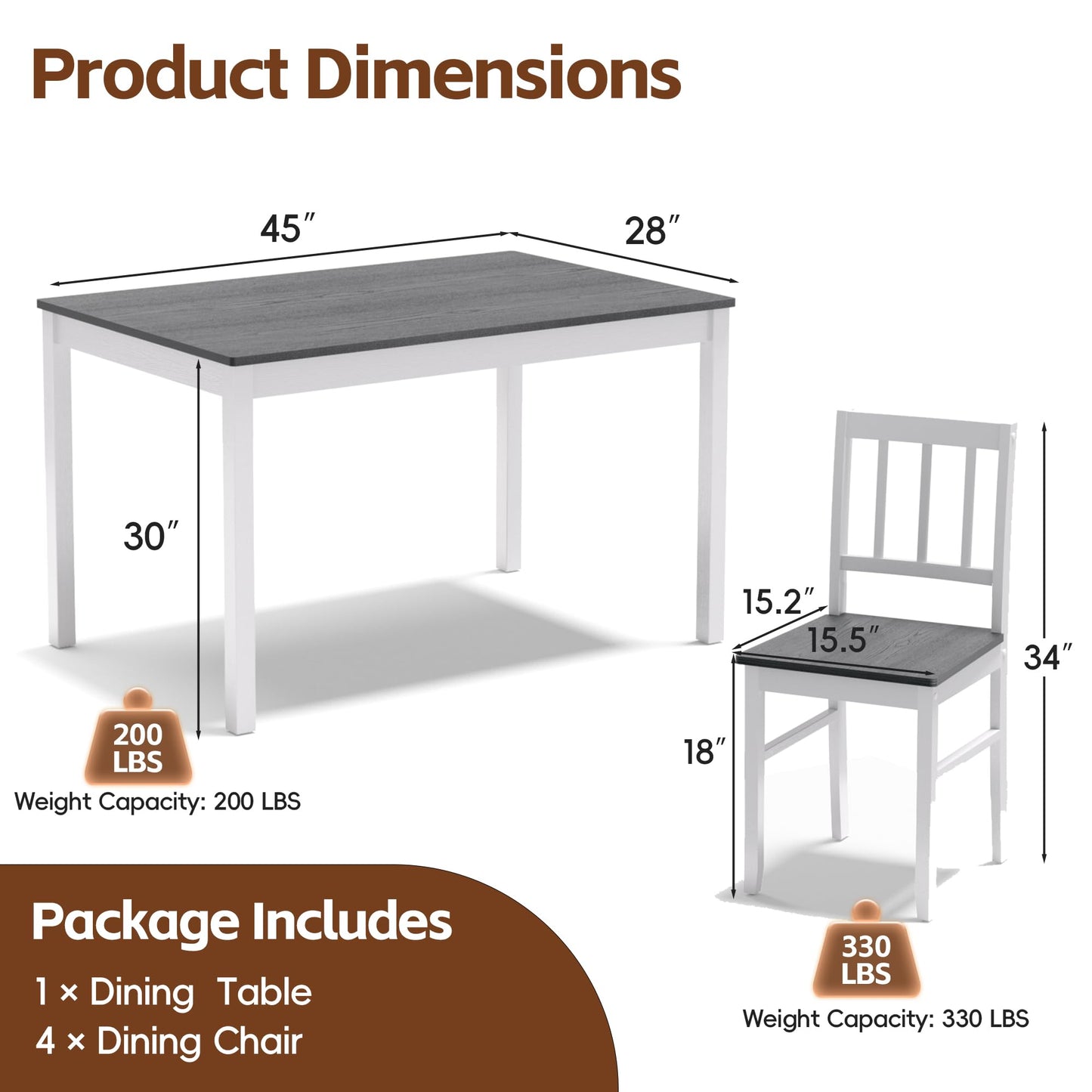 MU Dining Table Set for 4, Space-Saving Kitchen Table and 4 Chairs with Rubber Wood Legs, Farmhouse 5-Piece Dinette Set for Dining Room, Kitchen, Restaurant, Grey