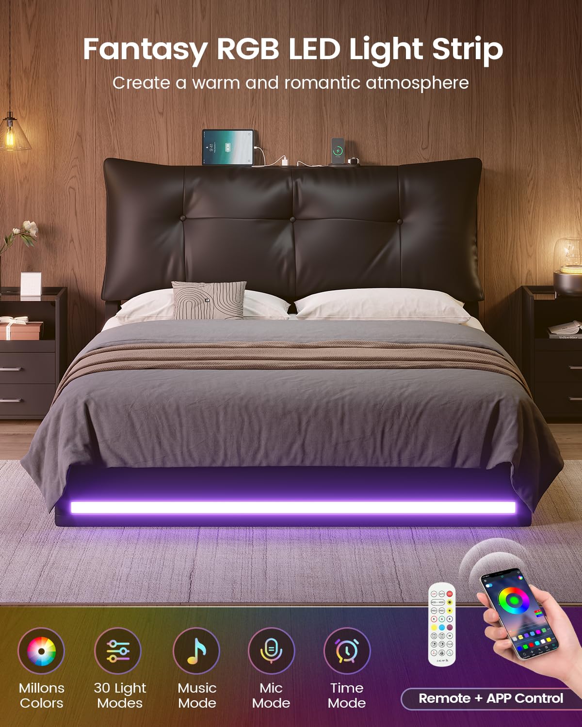 AOGLLATI Upholstered Queen Bed Frame with RemovableThick Backrest Headboard, Led Bed Frame Queen Size with 4 Storage Drawers and Charging Station, No Spring Box Needed, Black