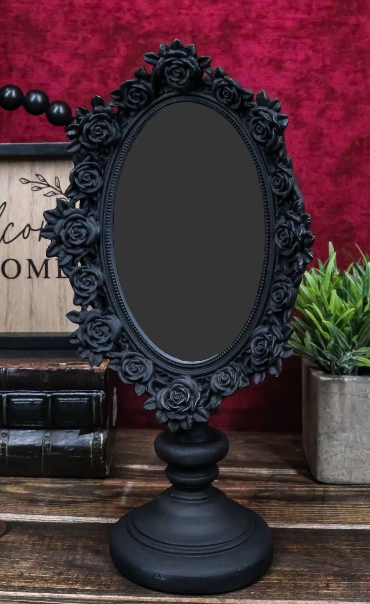 Ebros Gift Victorian Black Gothic Roses Floral Decorative Vanity Dressing Desktop Table Mirror Oval Shaped Figurine with Dark Alchemy Ossuary Macabre Boudoir Accent