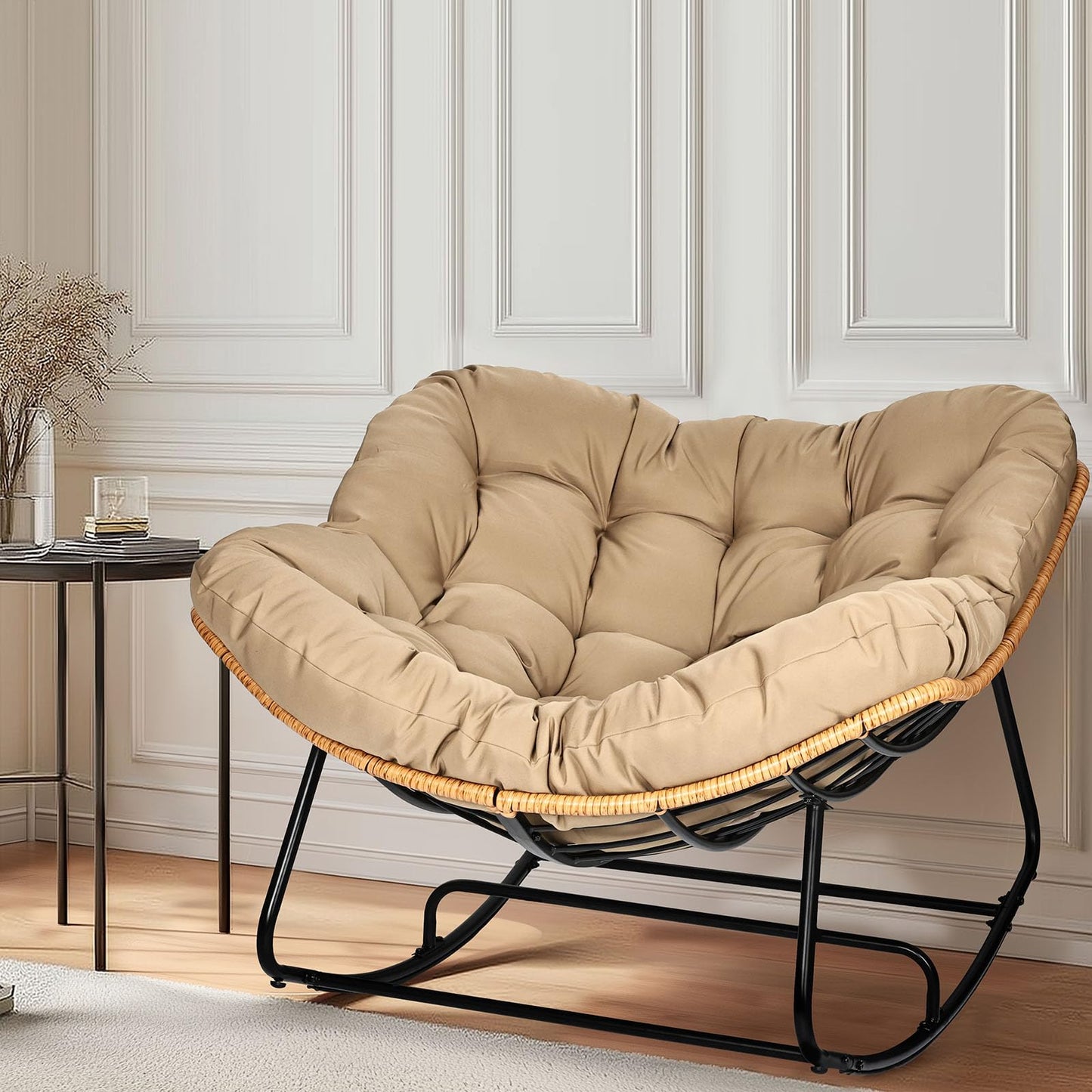 knocetx Papasan Chair, Outdoor Rocking Chair with Cushion, 450LB Heavy Duty Egg Chair, Indoor Outdoor Patio Rocking Chairs for Balcony, Porch, Living Room, Bedroom, Lawn, Garden (Coffee)
