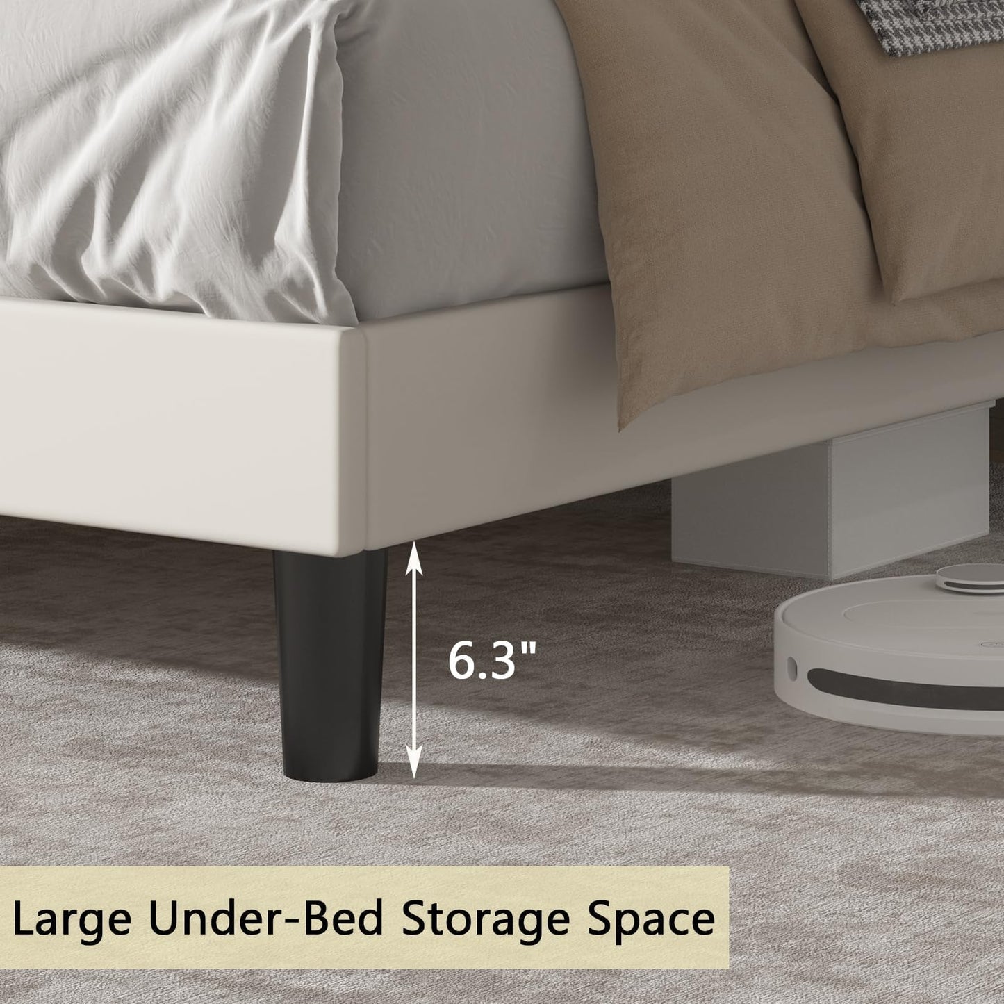 Queen Bed Frame with LED Lights, Velvet Upholstered Platform Bed with Storage Headboard and Charging Station, Queen Bed Frame with Diamond Design, Wood Slats Support, No Box Spring Needed, Beige