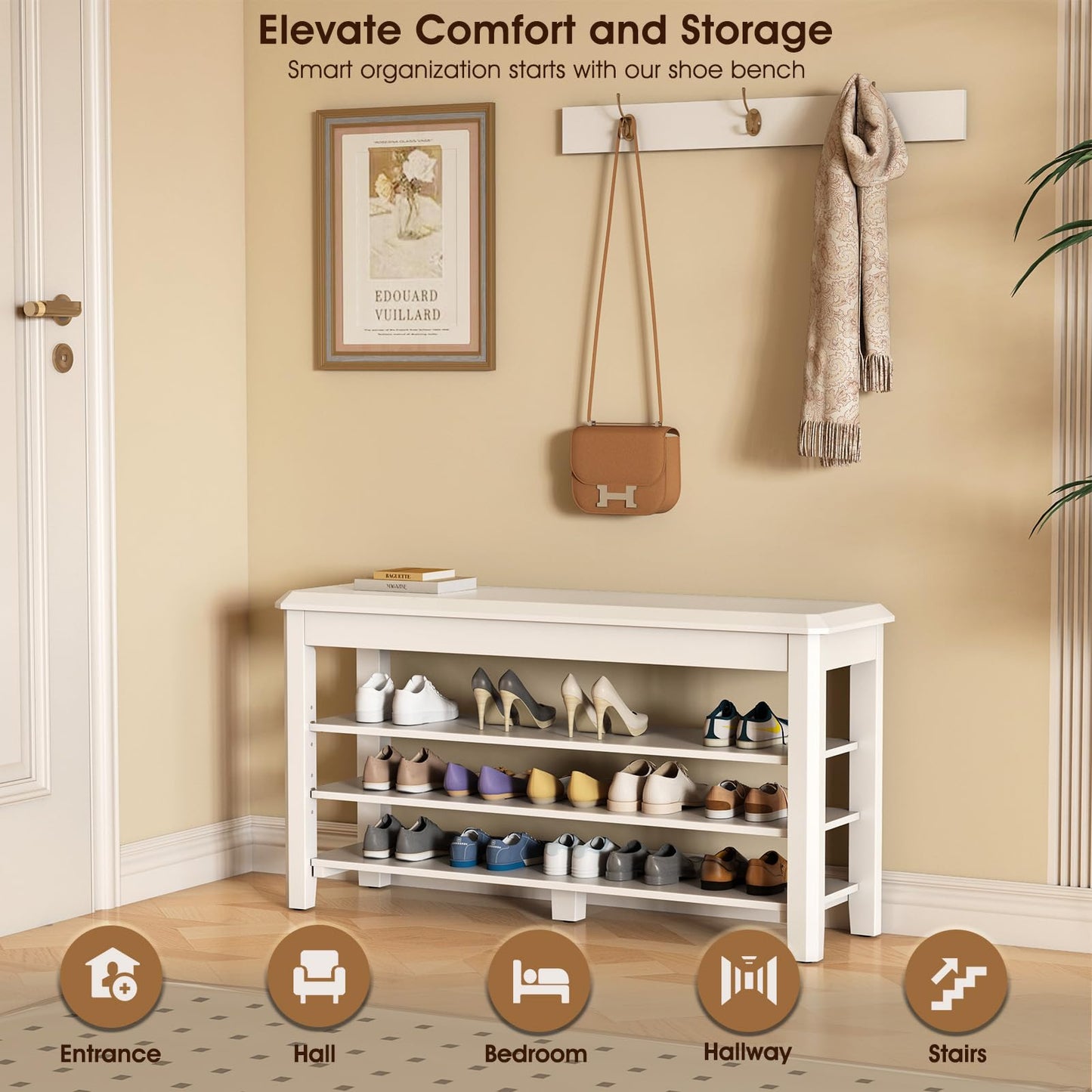 IUNVR Shoe Rack Bench Seat Rubberwood 3-Tier Wooden Storage Bench 550lbs Compact Mid-Century Modern Design for Entryway, Hallway, Closet, Front Door Entrance, Foyer