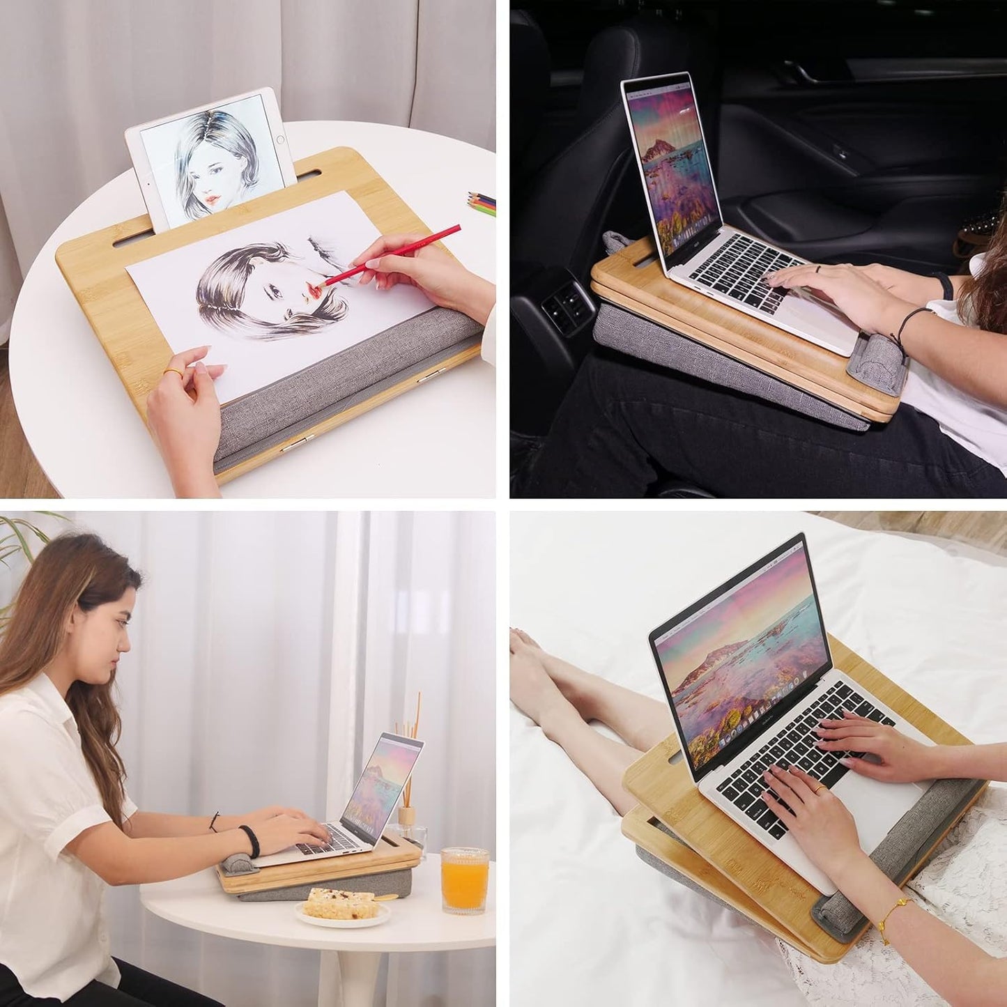 Lap Desk Laptop Tray with Cushion Portable Bed Tray Desk, Adjustable Angle Lap Desk with Tablet Phone Holder, for Home Office, Sofa, Bed, Couch and car. Bamboo Cushioned Laptop Table Tray