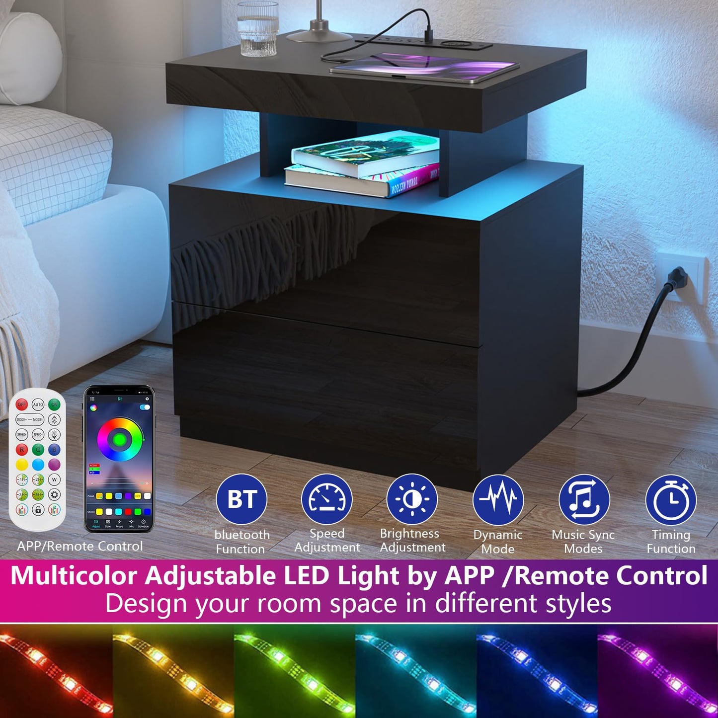 HOMMPA LED Nightstand with Wireless Charging Station & USB Ports, Modern Bedside Table, Black Night Stand with Open Compartment, Smart Nightstand High Gloss Surface for Bedroom