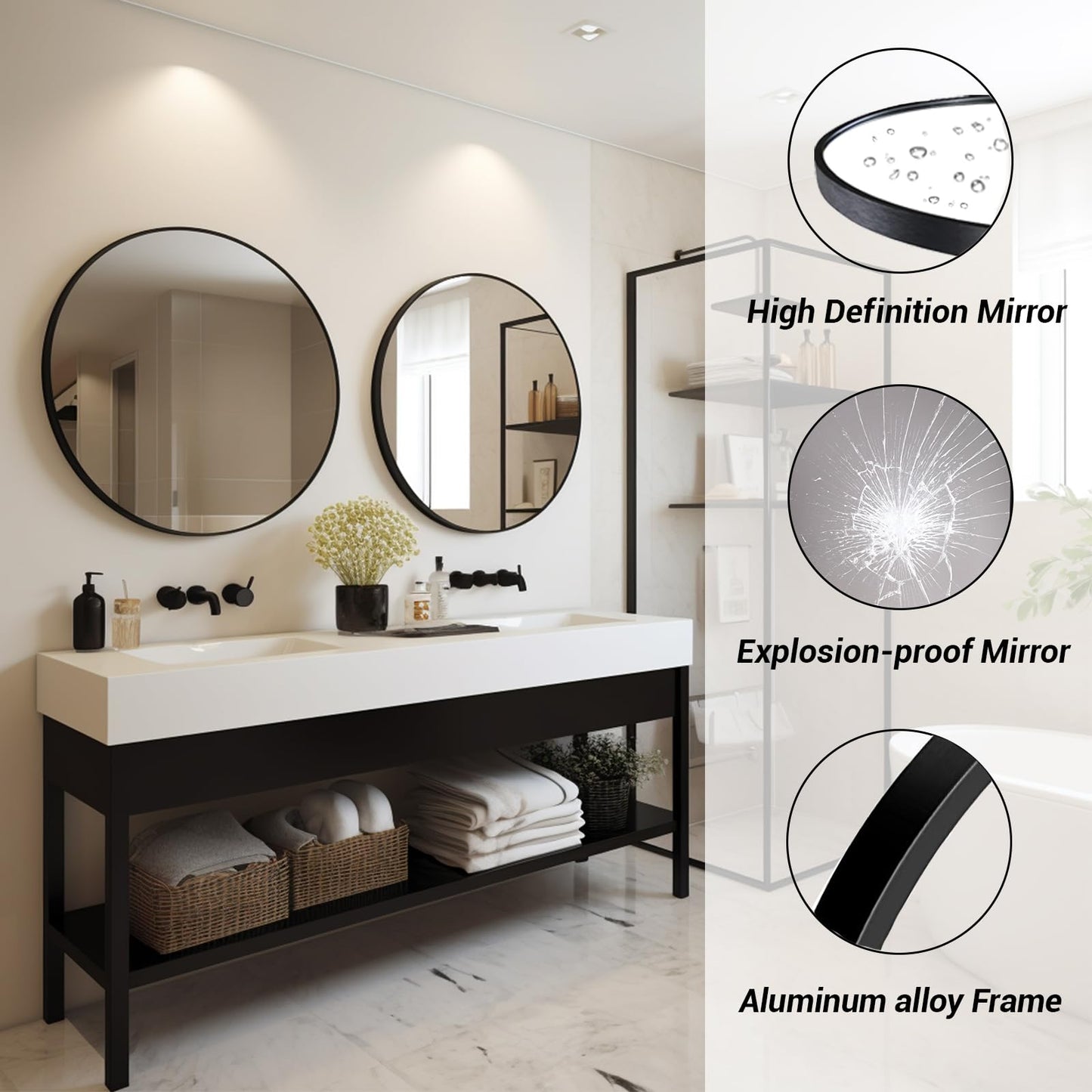 Sunniry Black Round Mirror, Round Mirror 24 inch, Black Circle Mirrors Metal Frame, Wall Mounted Mirrors for Living Room, Bathroom, Wall, Entryway, Rustic.