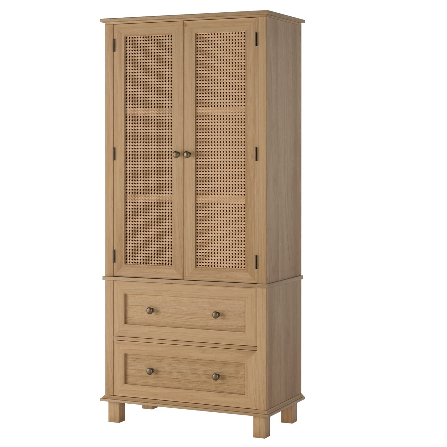 FOTOSOK Kitchen Pantry Storage Cabinet, Tall Cabinet with Rattan Doors and 2 Drawers, Freestanding Cupboard Adjustable Shelves, Utility for Kitchen, Dining Room (AZ-130)