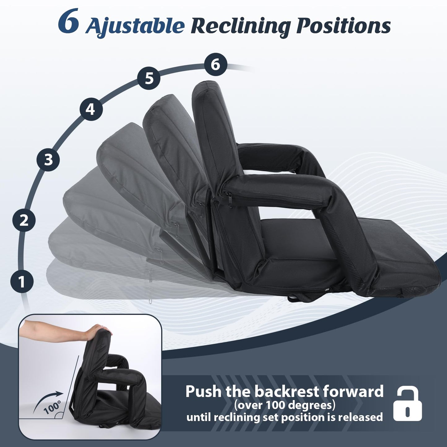 Gbekery Extra Wide Stadium Seats with Back Support,25" Wide 2 Pack Padded Reclining Bleacher Chairs with Back and Cushion,6 Reclining Positions,2 Steel Bleacher Hooks,Side Pockets & Cup Holders(Black)