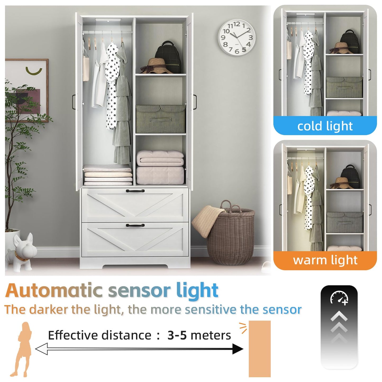 UZUGUL Armoire Wardrobe Closet with Mirror and 2 Drawers, 72'' Bedroom Armoire Wardrobe Cabinet with Hanging Rod and Light,Wooden Bedroom Closet with Adjustable Shelf
