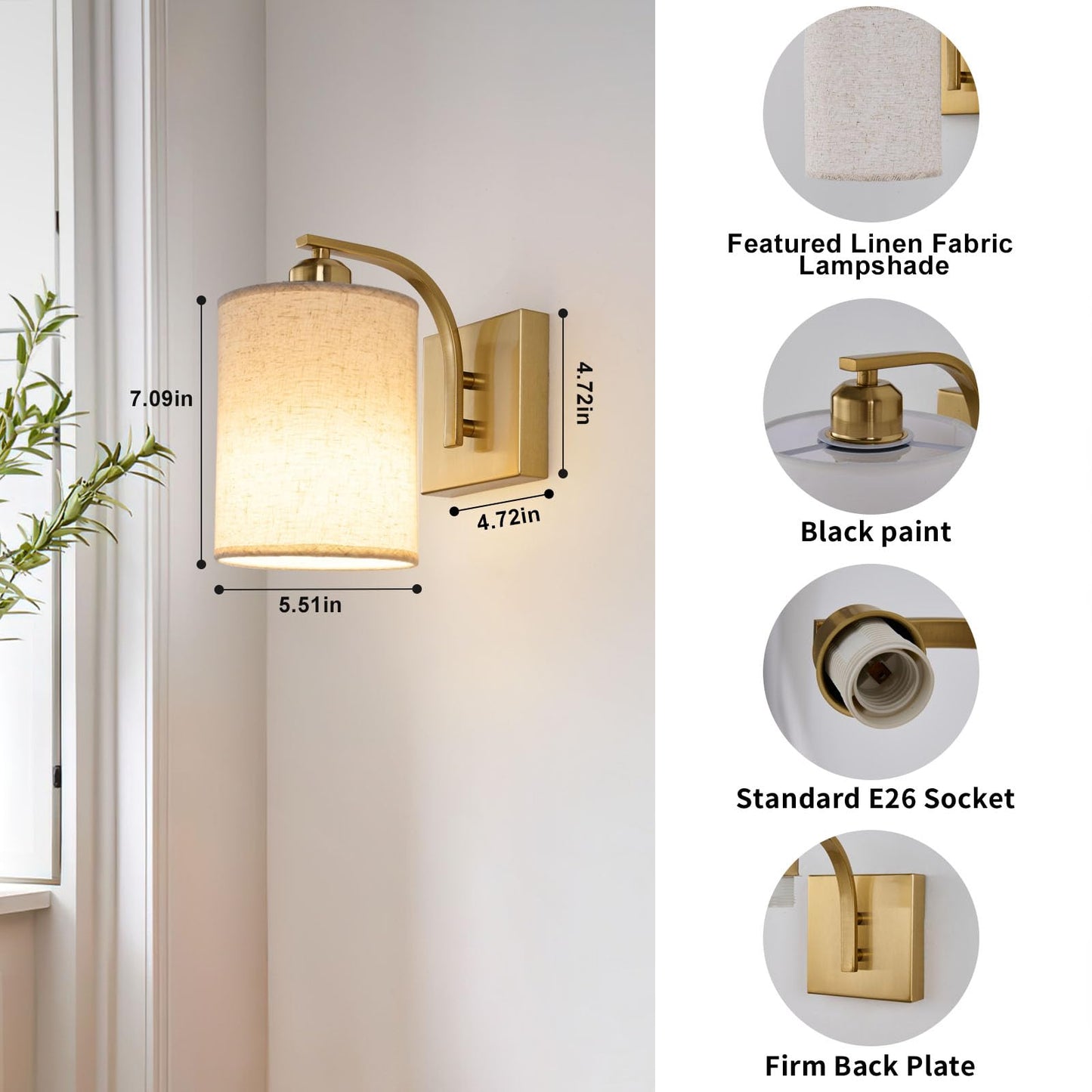 Powfloven Gold Rechargeable Battery Operated Wall Sconces Set of 2 with Remote, Wireless Dimmable Battery Powered LED Wall Lights, Cordless Wall Lighting Lamp Fixture for Bedroom Living Room