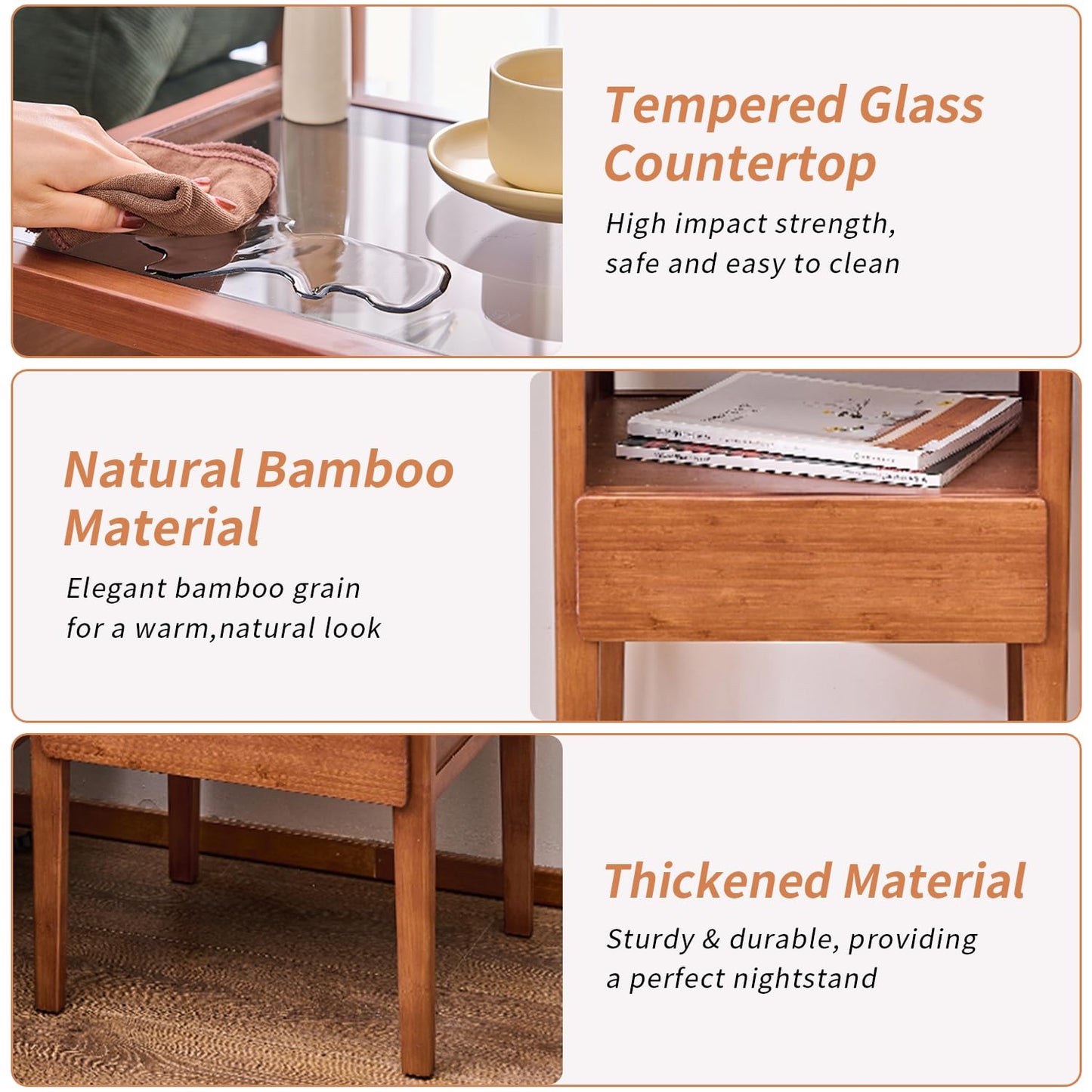 JIKUGO Mid Century Modern Nightstand with Tempered Glass Tabletop Bamboo Night Stand with Drawers Stand Storage Shelf Bedside Table End Tables for Bedroom Decor Furniture