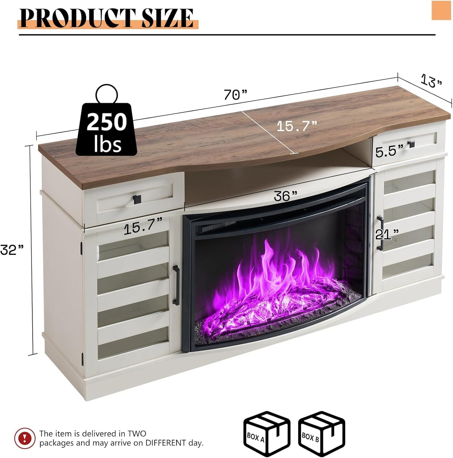 AMERLIFE Farmhouse Living Room Table Set of 4, Include 70" Fireplace TV Stand with 36" Curved Electric Fireplace, Coffee Table & 2 End Tables with Charging Station, White+Barnwood