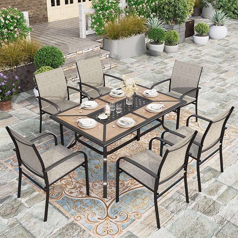 HERA'S HOUSE Patio Table and Chairs Set, Rectangular Outdoor Metal Table with Umbrella Hole, 7 Pieces Outdoor Dining Sets for Backyard Lawn Deck(Brown)
