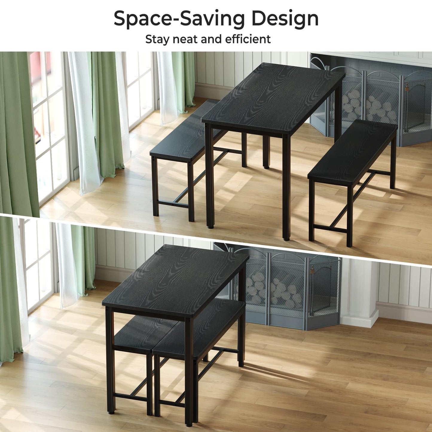Tatub Dining Table Set for 4, 3-Piece Kitchen Table with 2 Benches, Space-Saving Dining Room Set for Breakfast Nook and Small Spaces, Black