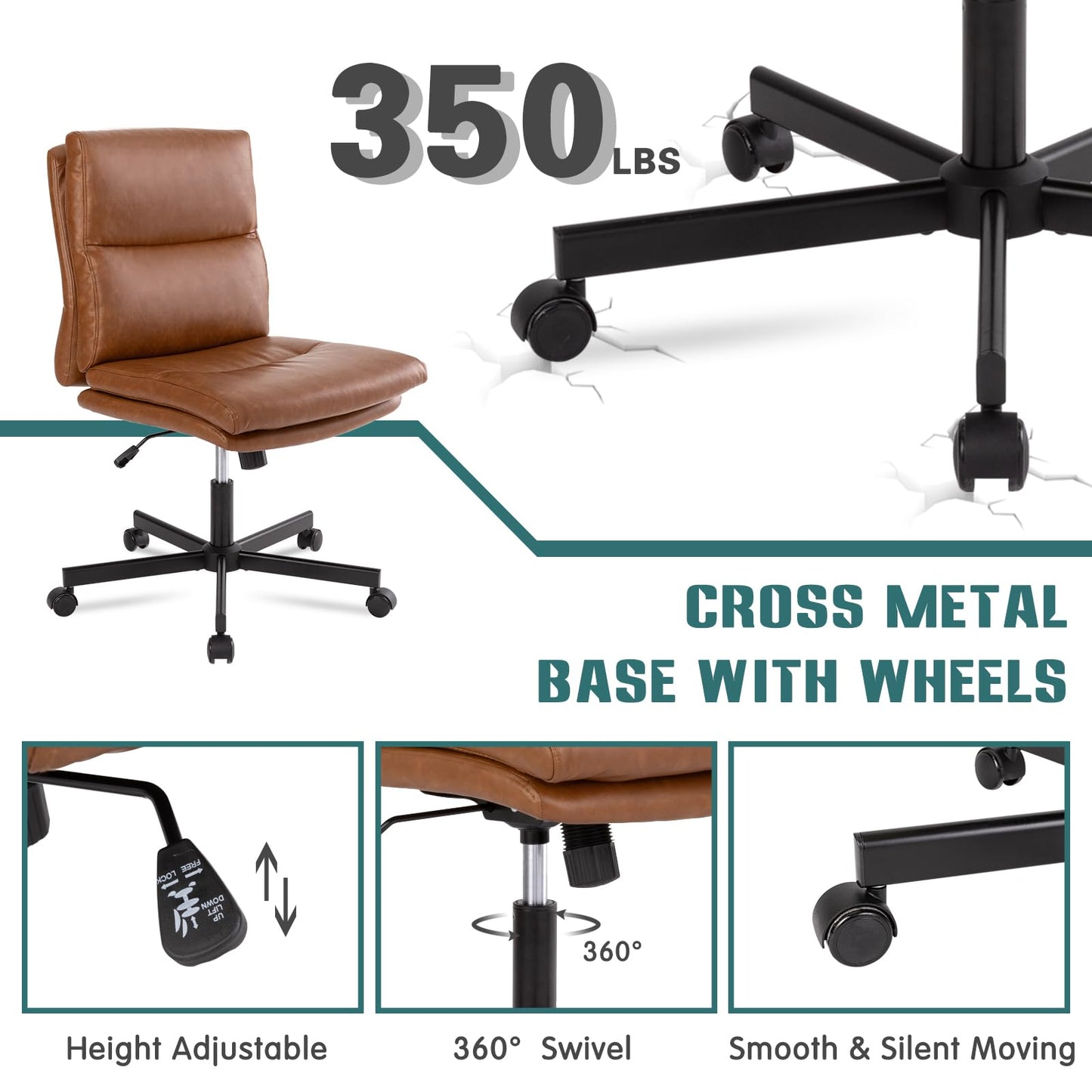 LUCKWIND Armless Office Desk Chair with Wheels, Mid-Back Criss Cross Swivel Task Chair, Height Adjustable Cushioned Vanity Chair, Double Padded PU-Leather Chairs for Home, Office & Bedroom (Brown)