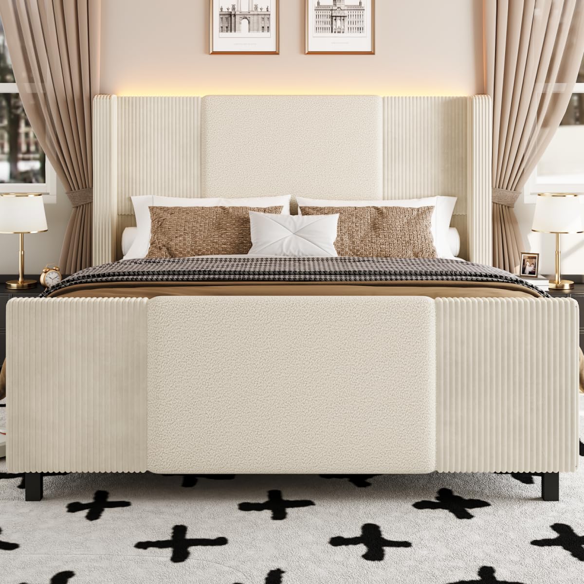 Lihimte 48" Tall Headboard Queen Bed Frame with LED Lights, Boucle and Corduroy Upholstered Bed Frame Queen with Wingback Headboard and Footboard, No Box Spring Needed, Noiseless, Easy Assembly, Beige