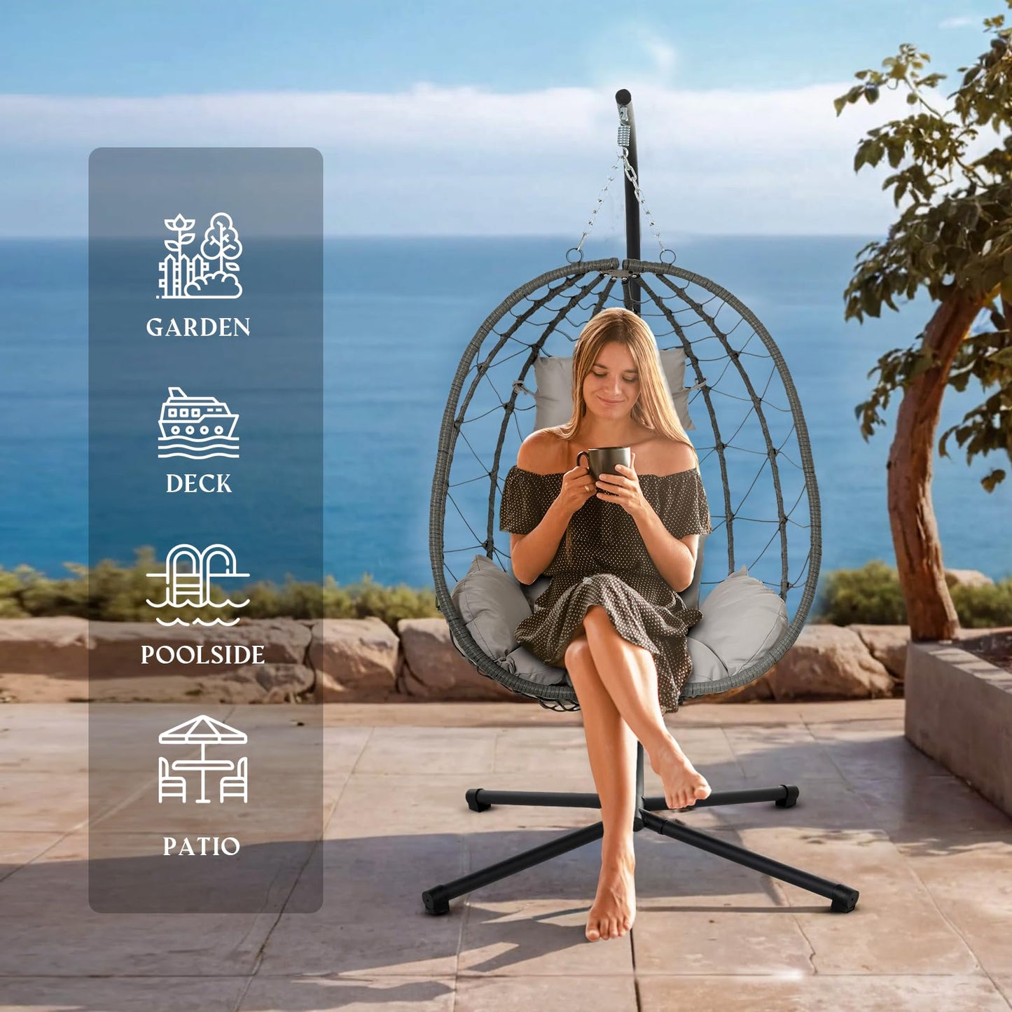 Hanging Egg Chair with Stand Egg Chair Indoor Outdoor, Patio Swing Hammock Egg Chairs, UV Resistant Removable & Washable Thicken Padded Cushions, 350LBS Capacity for Bedroom, Balcony, Garden, Grey