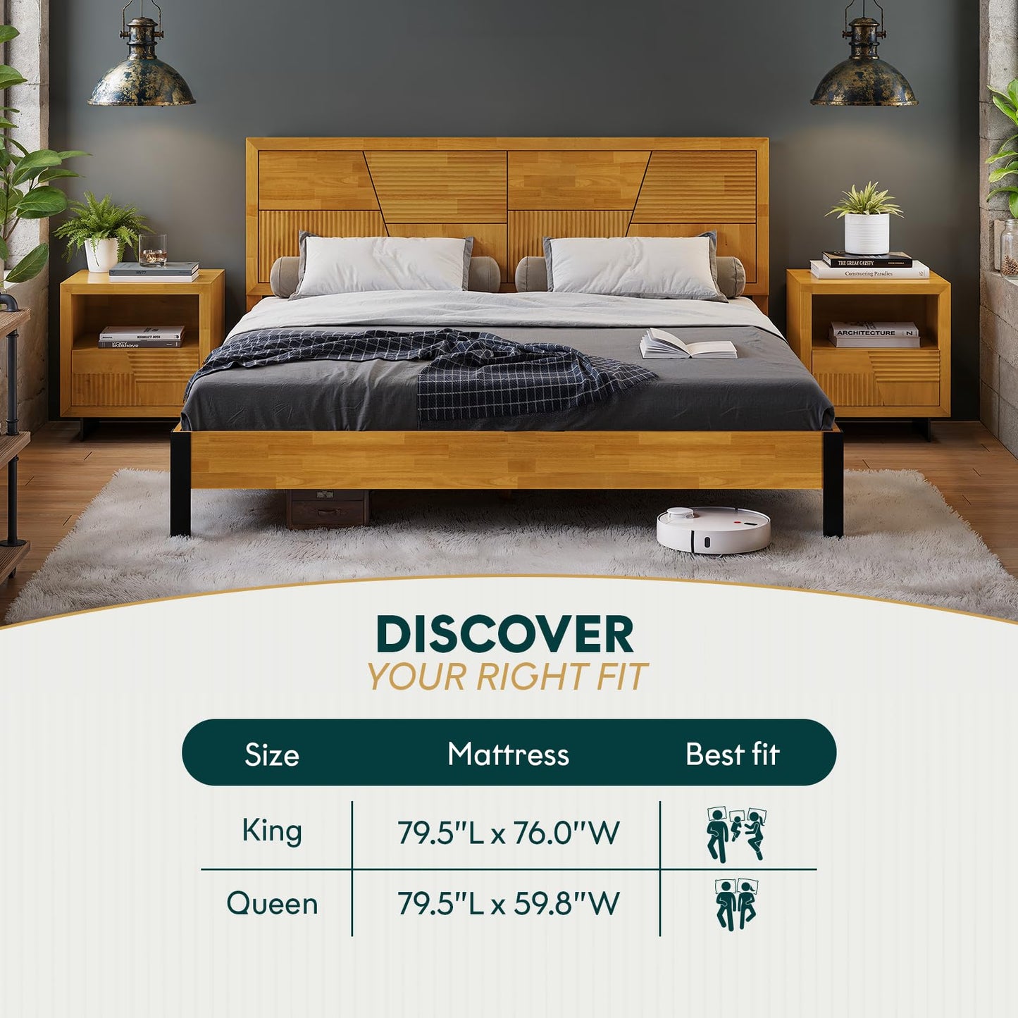 Bme Trapeze King Size Bed Frame – Rubberwood Platform with Slatted Headboard, Sturdy Iron Legs, No Box Spring Needed, Supports up to 800 lbs