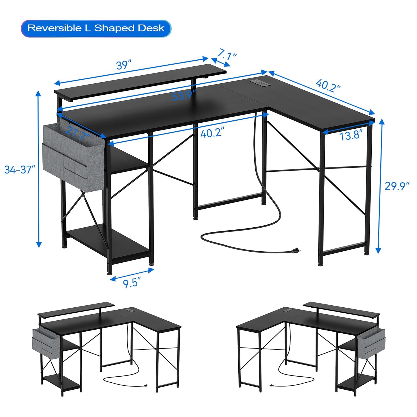 Takywep 54 inch Gaming Desk, Reversible L Shaped Desk, Corner Computer Desk with Monitor Stand, Power Outlets, LED Lights and Storage Shelves for Home Office, Bedroom, Writing Workstation (Black)