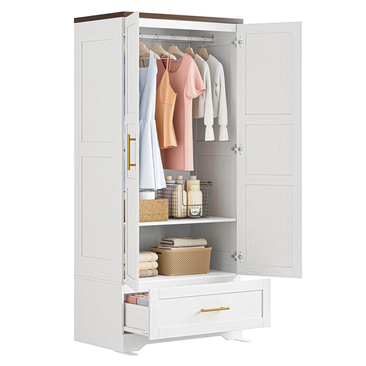 IRONCK Wooden Armoire Wardrobe Closet, 71" Tall Wardrobe Cabinet with Drawer and Door, Bedroom Wood White Clothes Storage Cabinet with Hanging Rod and Shelves