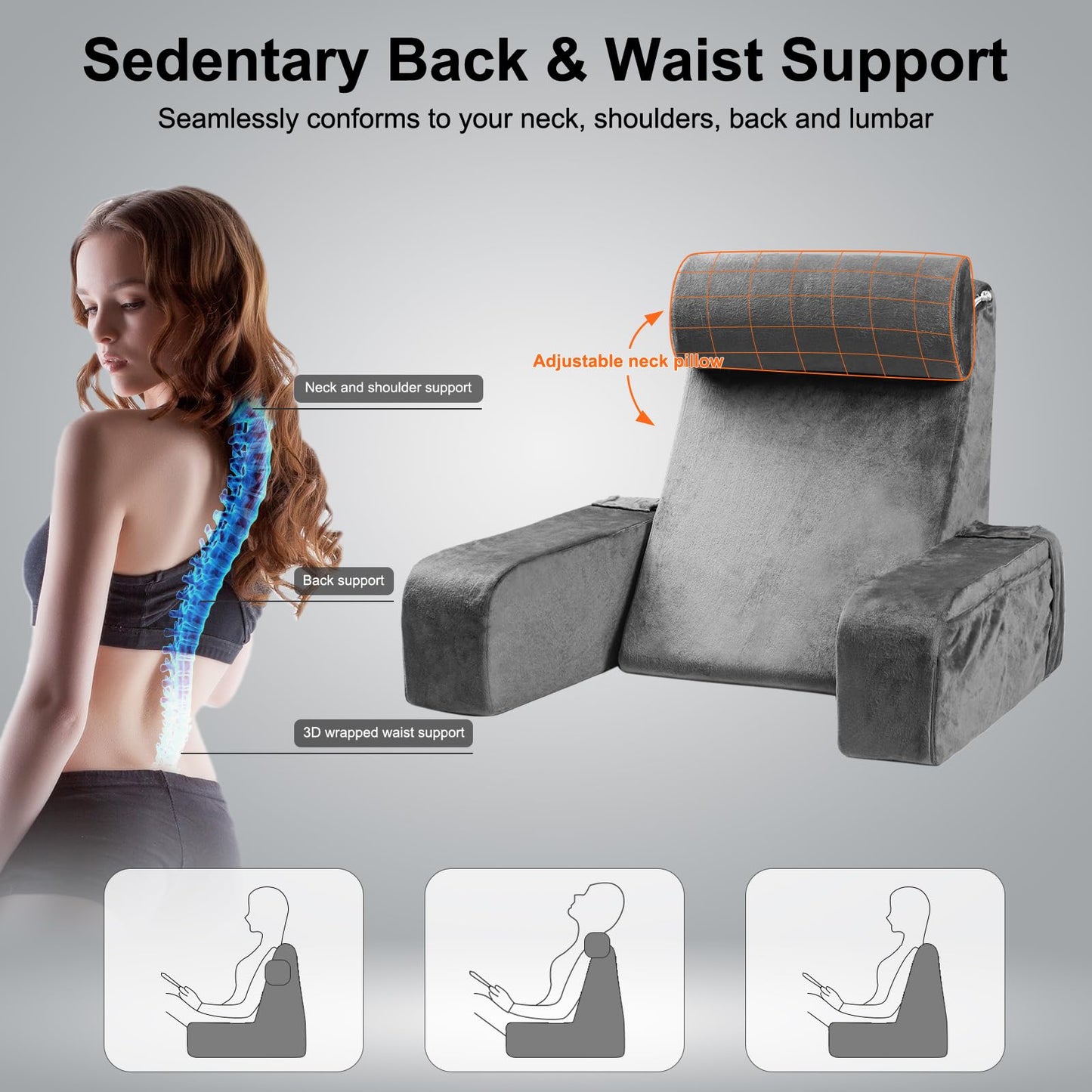 Reading Pillow for Sitting in Bed - Back Pillow for Sitting Up - Back Support Pillow with Detachable Neck Roll & Arms - Full Support - Reading & Bed Rest Pillows for Watching TV/Reading/Gaming