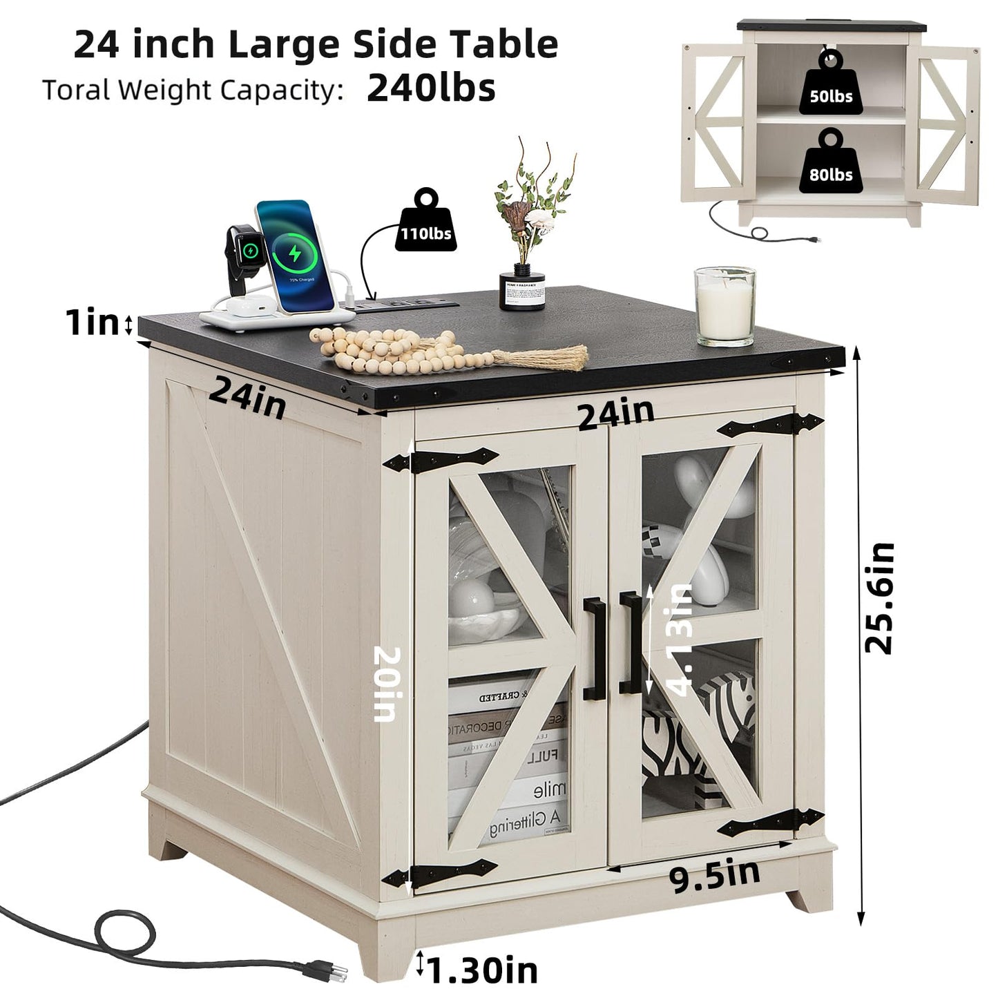 Farmhouse Coffee Table Sets 3 Pieces, Large End Side Tables with Charging Station and Coffee Table with Hidden Storage Compartment, White Living Room Table Set, Wood Furniture Sets for Home Office