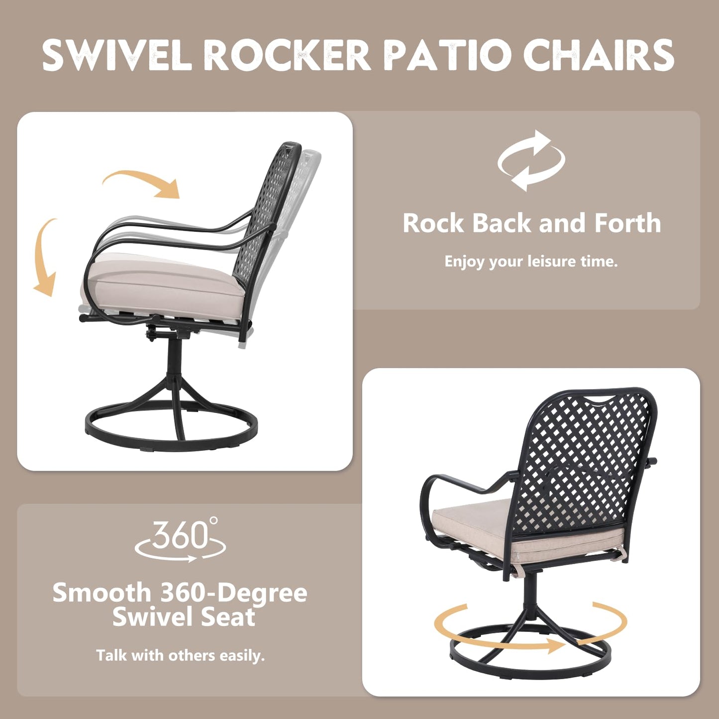 MELLCOM Patio Swivel Chair Set of 2, Heavy Duty Outdoor Dining Chairs with Thickened Cushions, Metal Patio Chairs Gentle Rocker for Outside, Garden & Porch, Backyard, Beige