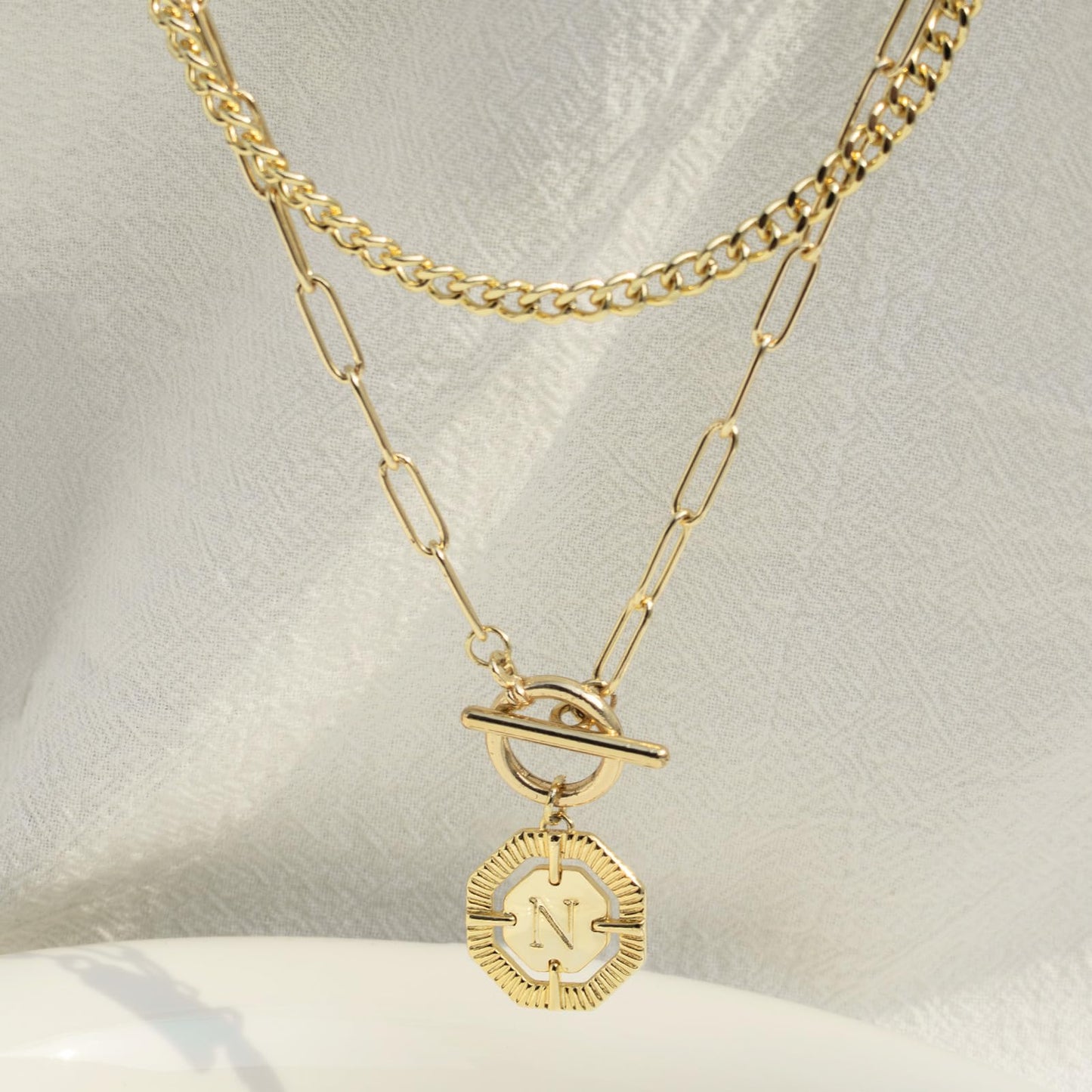 Layered Initial Necklaces for Women 14K Gold Plated Stackable Chunky Cuban Chain Choker Necklace Coin Letter Pendant Necklace Personalized Name Necklaces for Women Trendy Gold Jewelry Gift for Her
